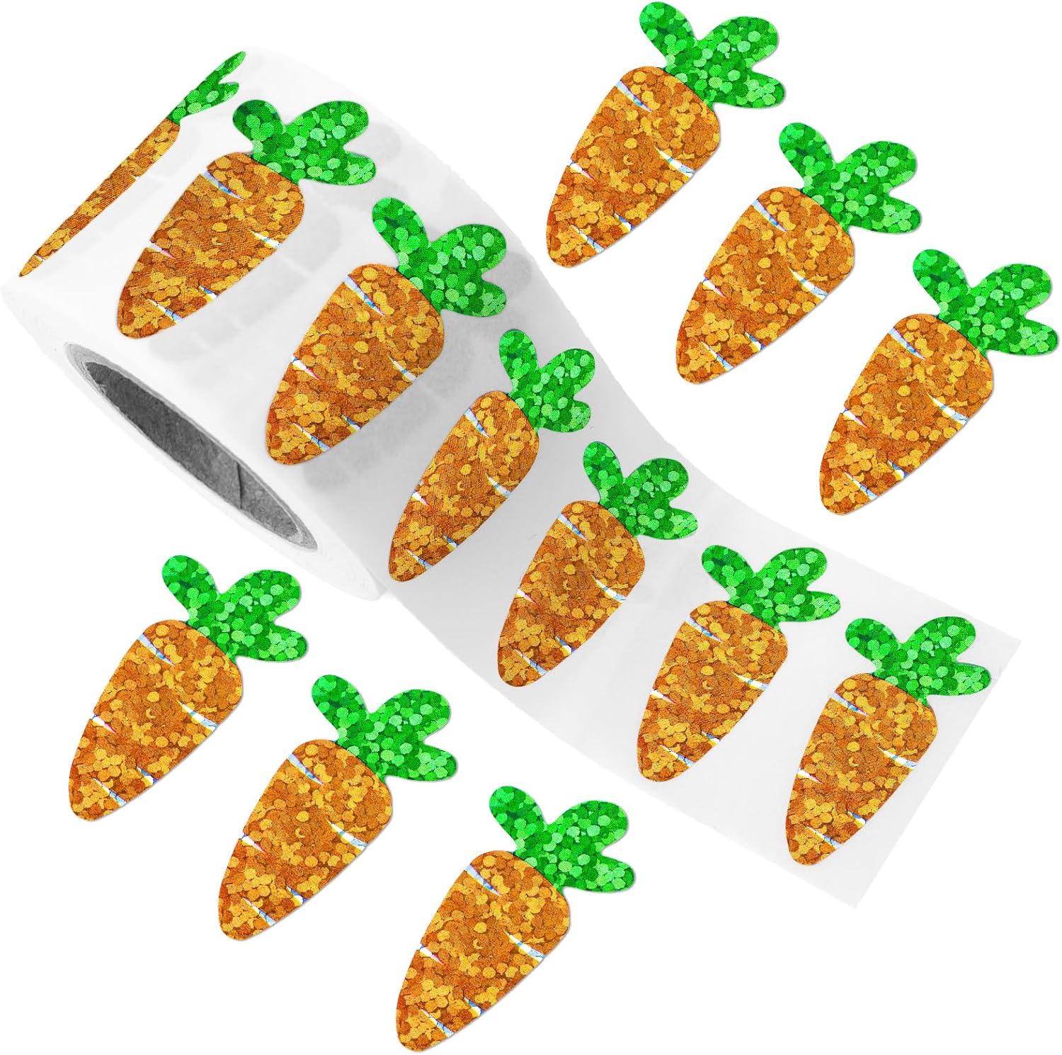 Easter Carrot Stickers - 500Pcs 1.2×0.4'' Carrot Shape Stickers Holographic Carrots Sticker Roll Self Adhesive Happy Easter Sticker for Egg Basket Envelope Seal Card Easter Party Favor Decor - Image 1