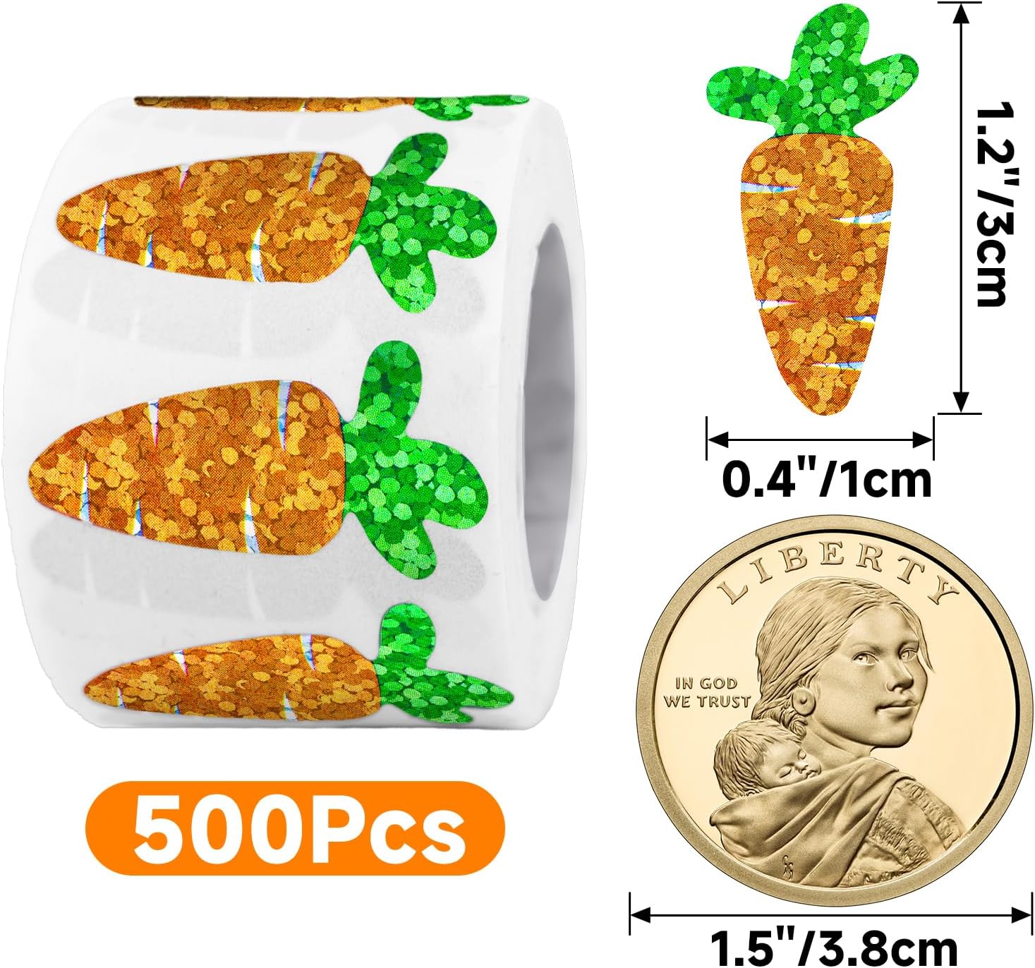 Easter Carrot Stickers - 500Pcs 1.2×0.4'' Carrot Shape Stickers Holographic Carrots Sticker Roll Self Adhesive Happy Easter Sticker for Egg Basket Envelope Seal Card Easter Party Favor Decor - Image 2