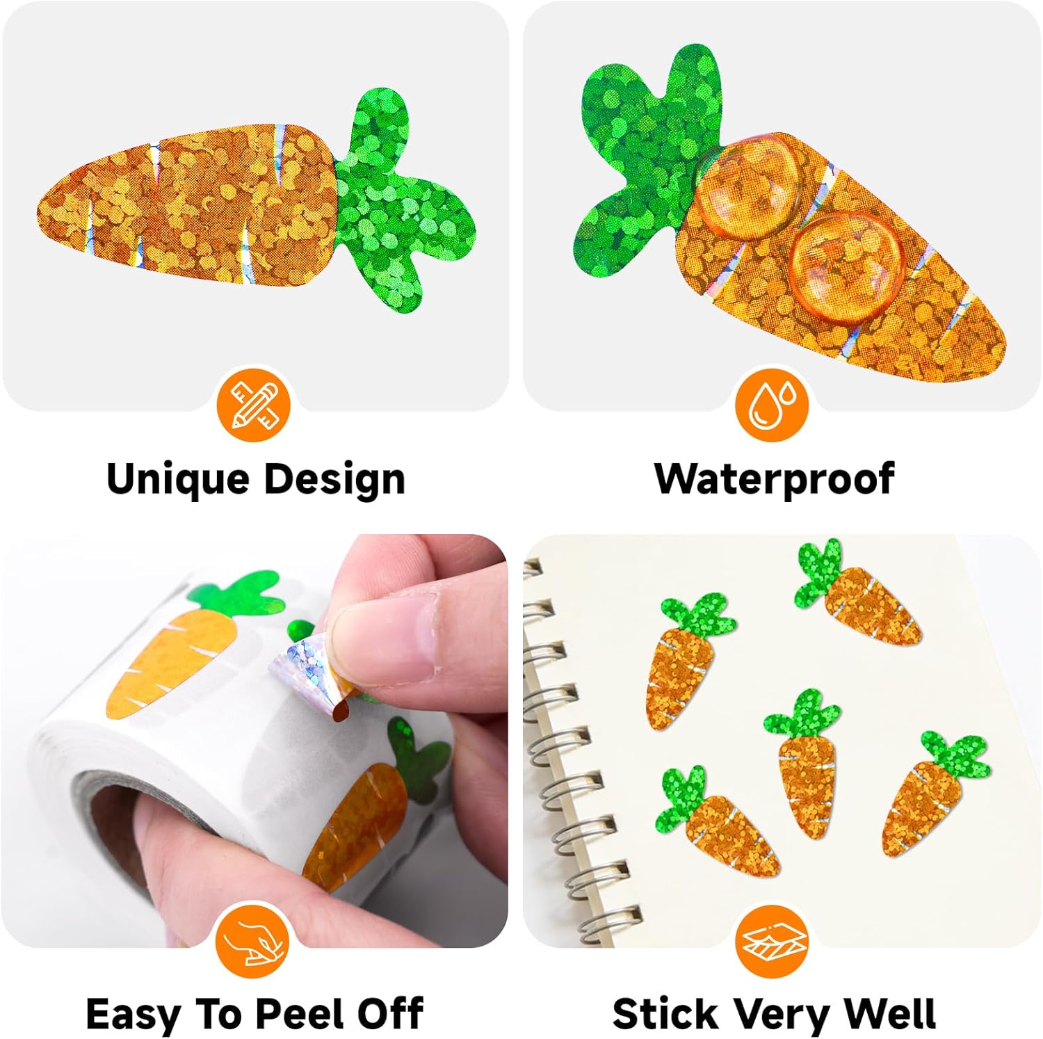 Easter Carrot Stickers - 500Pcs 1.2×0.4'' Carrot Shape Stickers Holographic Carrots Sticker Roll Self Adhesive Happy Easter Sticker for Egg Basket Envelope Seal Card Easter Party Favor Decor - Image 3