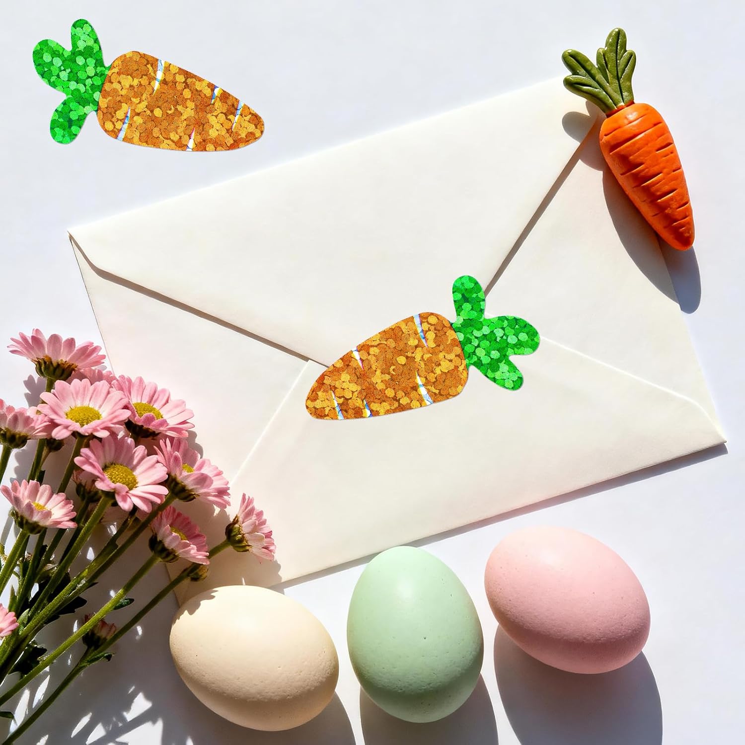 Easter Carrot Stickers - 500Pcs 1.2×0.4'' Carrot Shape Stickers Holographic Carrots Sticker Roll Self Adhesive Happy Easter Sticker for Egg Basket Envelope Seal Card Easter Party Favor Decor - Image 6