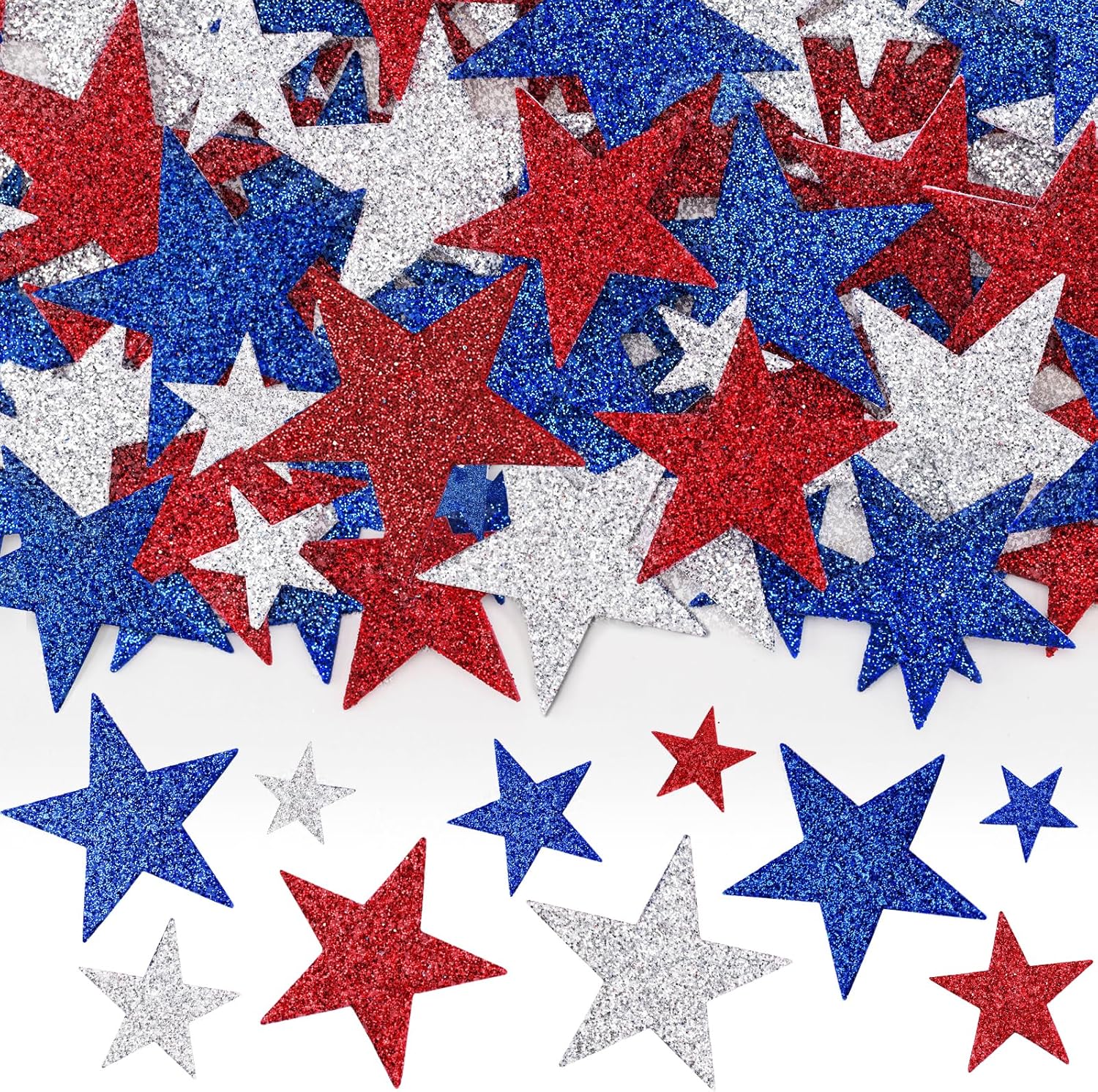 360Pcs Star Stickers - Red Blue Silver USA Patriotic Star Stickers Self Adhesive 4th of July Sticker Glitter Foam Stars Shaped Sticker for Kids Reward Art Craft Memorial Independence Day Decor - Image 1