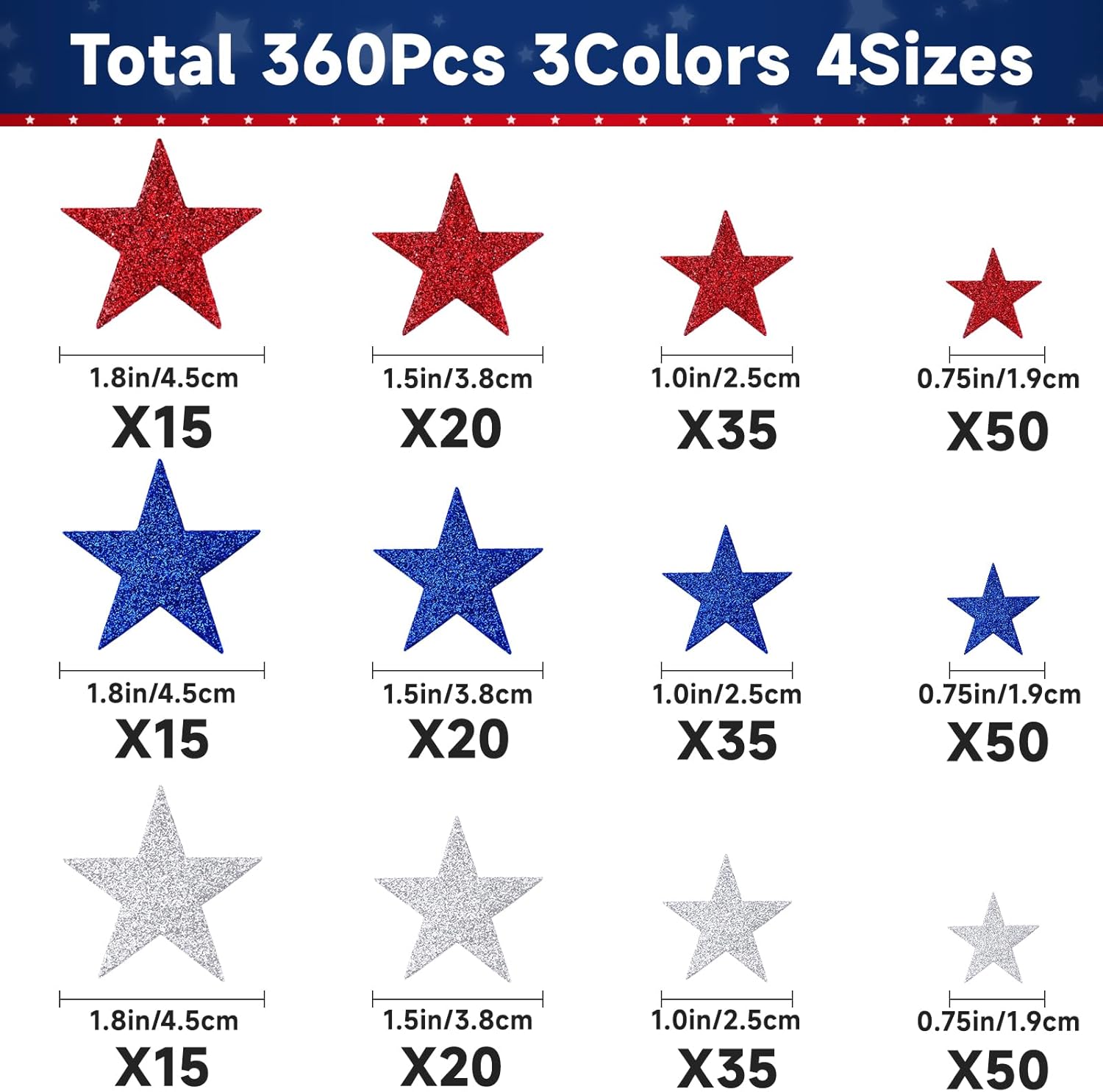 360Pcs Star Stickers - Red Blue Silver USA Patriotic Star Stickers Self Adhesive 4th of July Sticker Glitter Foam Stars Shaped Sticker for Kids Reward Art Craft Memorial Independence Day Decor - Image 2
