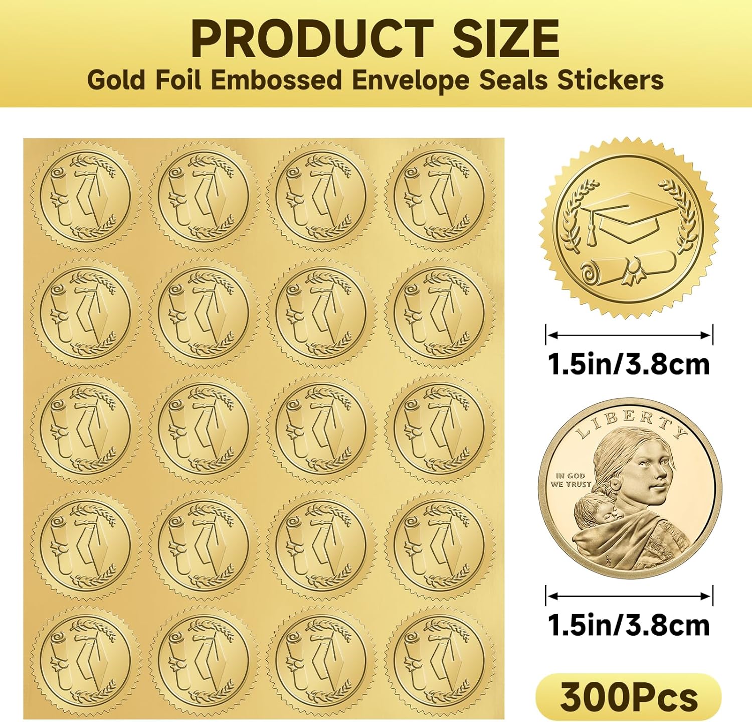 300Pcs Graduation Stickers 2026 - Gold Foil Embossed Graduation Cap Hat Stickers 1.5In Class of 2026 Stickers Self-Adhesive Graduation Envelope Seal Sticker for Certificate Envelope Card Party - Image 2