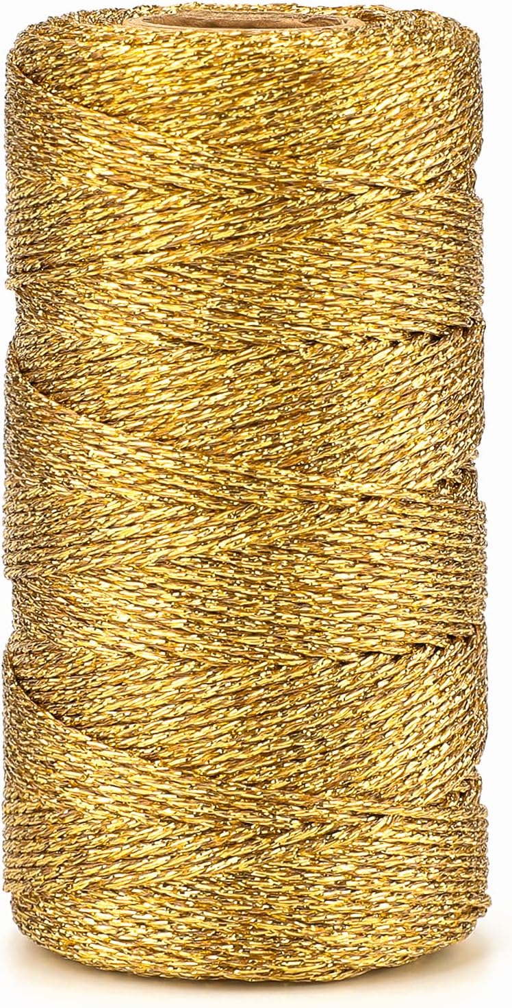 328 Feet Gold String Twine - 1.5mm Metallic Ornament Thread Gift Wrapping - Inelastic Macrame Glitter Gold Cord for Gift Wrapping, DIY Crafts, Bracelets - Image 1