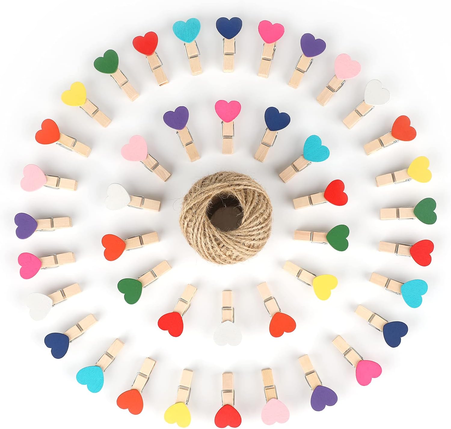 100Pcs Clothespins with String, 1.4Inch Wooden Clothes Pins with Heart, 10 Colors Heart Clips, Mini Photo Clips with 98Ft Jute Twine, Craft Clip for Baby Shower, Wedding, Birthday - Image 1