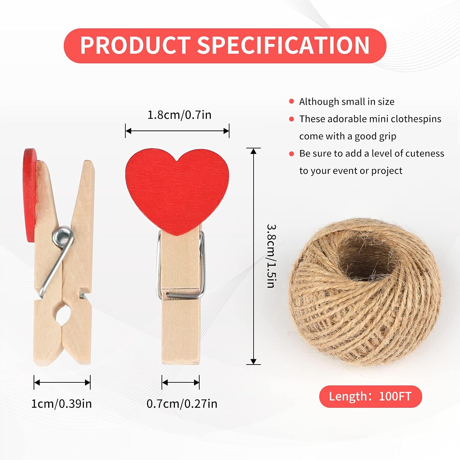 100Pcs Clothespins with String, 1.4Inch Wooden Clothes Pins with Heart, 10 Colors Heart Clips, Mini Photo Clips with 98Ft Jute Twine, Craft Clip for Baby Shower, Wedding, Birthday - Image 2