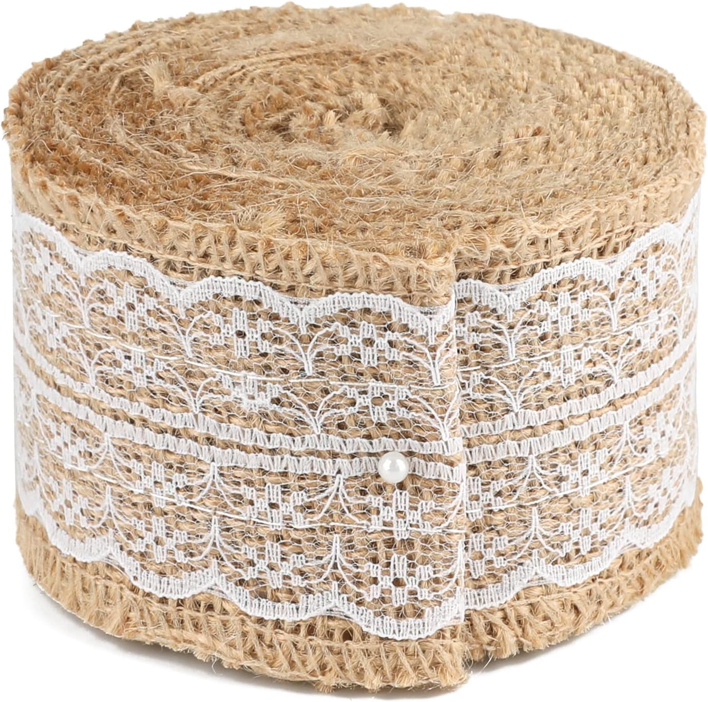 Natural Jute Burlap Ribbon Roll - 2.4Inch x 5.5Yards Rustic White Lace Burlap Ribbon Trim Tape for DIY Crafts, Bottle Decor, Wreath - Image 1