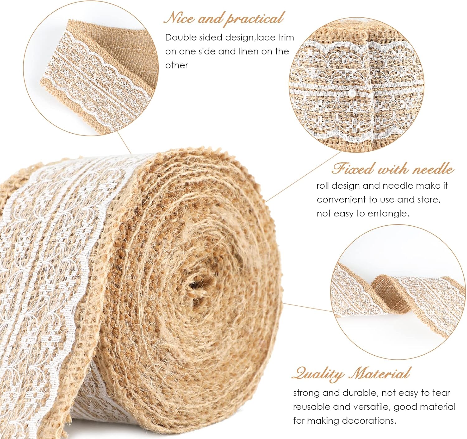 Natural Jute Burlap Ribbon Roll - 2.4Inch x 5.5Yards Rustic White Lace Burlap Ribbon Trim Tape for DIY Crafts, Bottle Decor, Wreath - Image 2