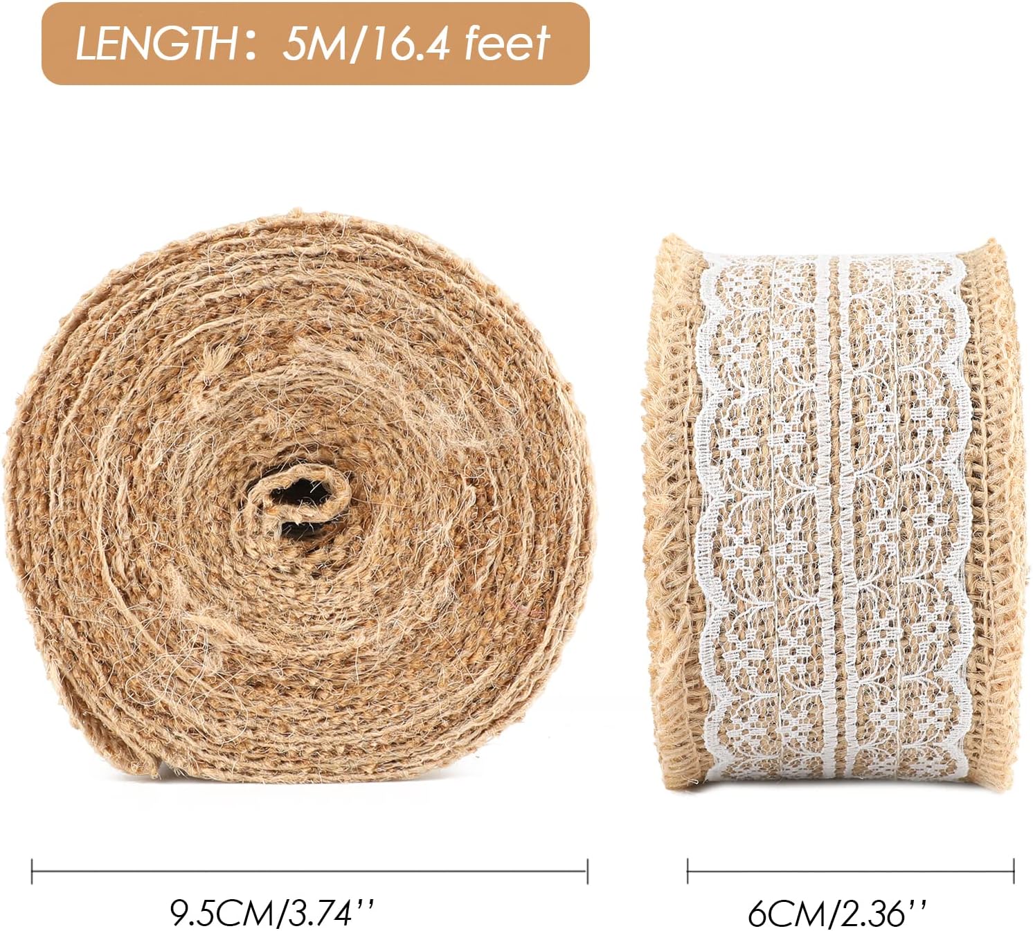 Natural Jute Burlap Ribbon Roll - 2.4Inch x 5.5Yards Rustic White Lace Burlap Ribbon Trim Tape for DIY Crafts, Bottle Decor, Wreath - Image 3