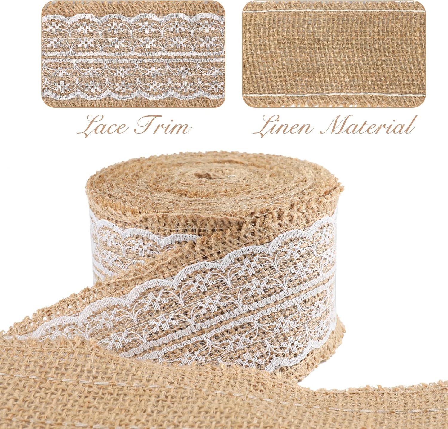 Natural Jute Burlap Ribbon Roll - 2.4Inch x 5.5Yards Rustic White Lace Burlap Ribbon Trim Tape for DIY Crafts, Bottle Decor, Wreath - Image 4