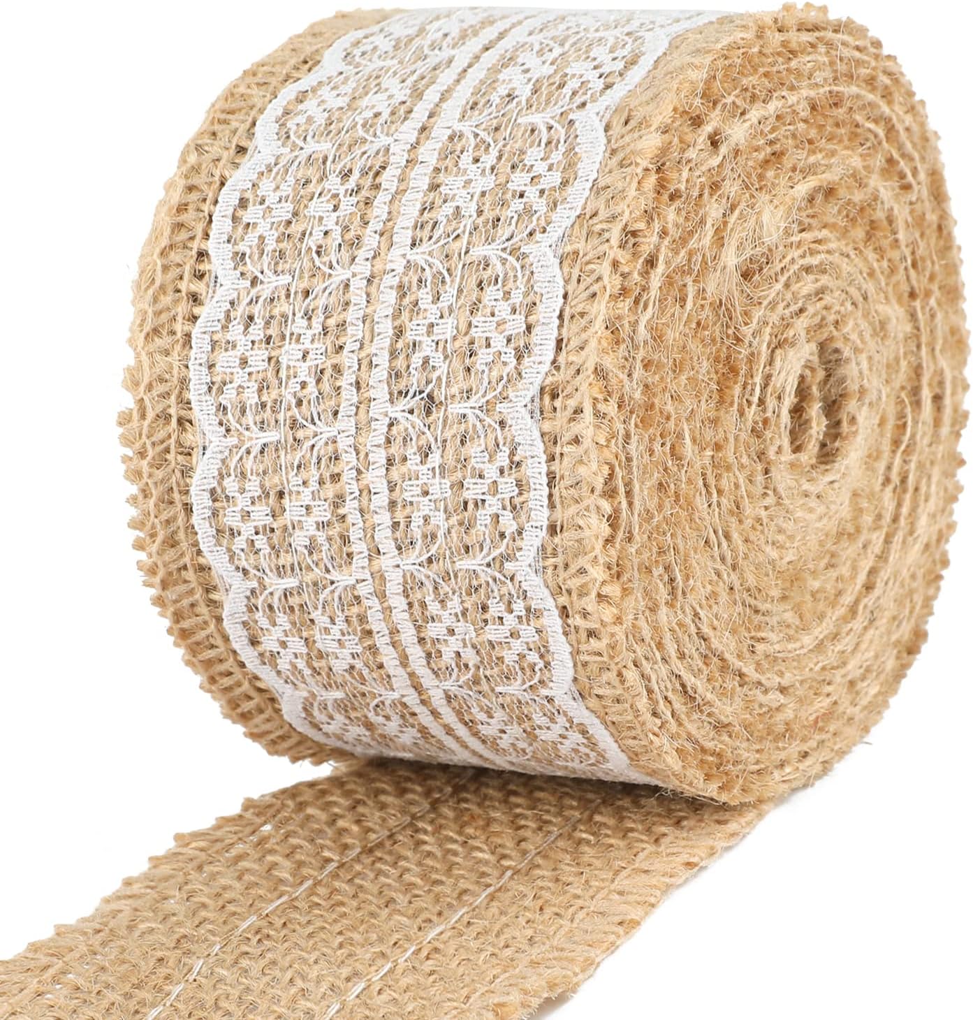 Natural Jute Burlap Ribbon Roll - 2.4Inch x 5.5Yards Rustic White Lace Burlap Ribbon Trim Tape for DIY Crafts, Bottle Decor, Wreath - Image 5