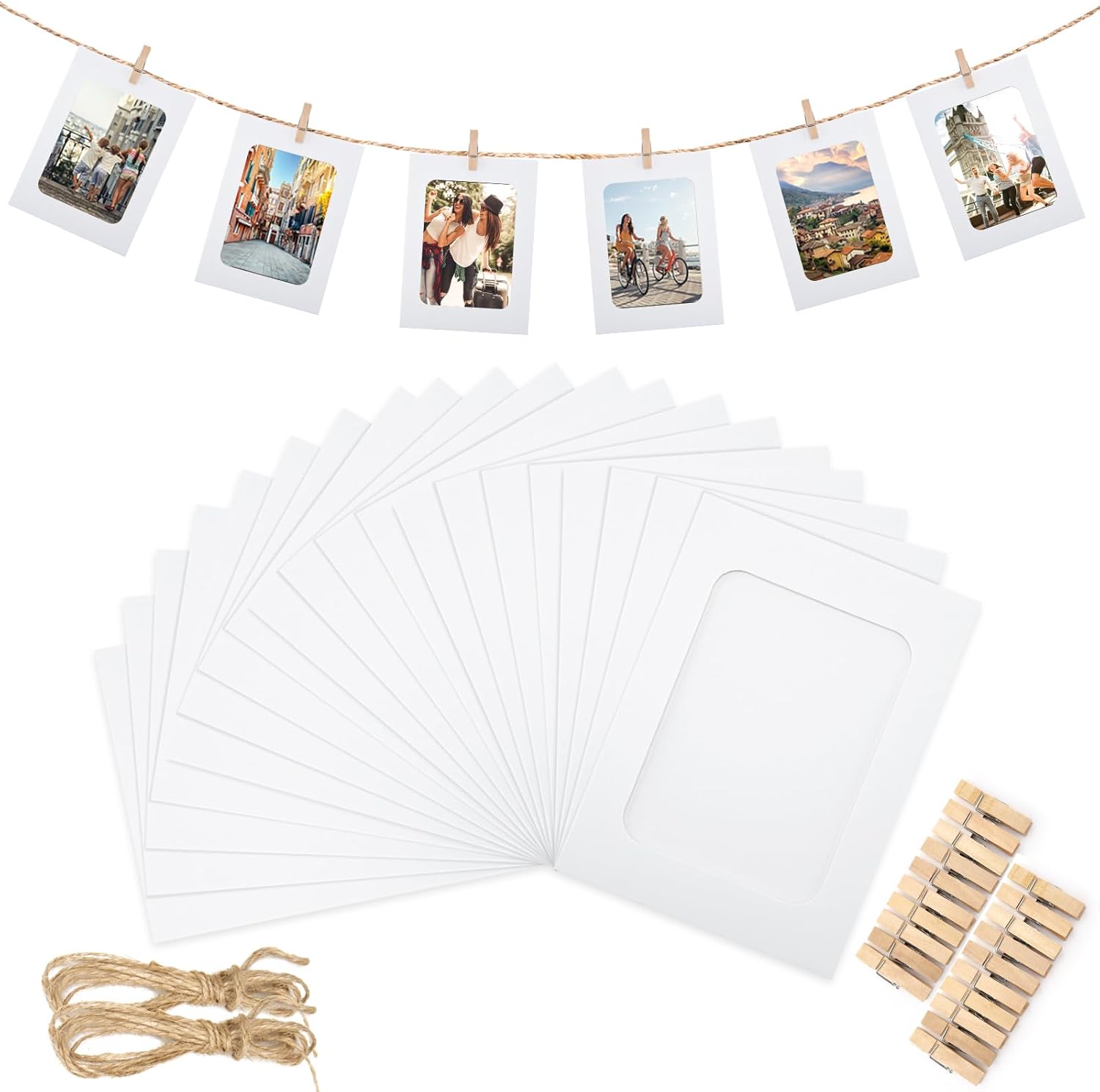 20Pcs Paper Photo Frames, 4x6Inch White Picture Display Holders, Cardborad Picture Frames with String and Clips, DIY Graduation Photo Hanging Banner for Home, Classroom, Offices - Image 1