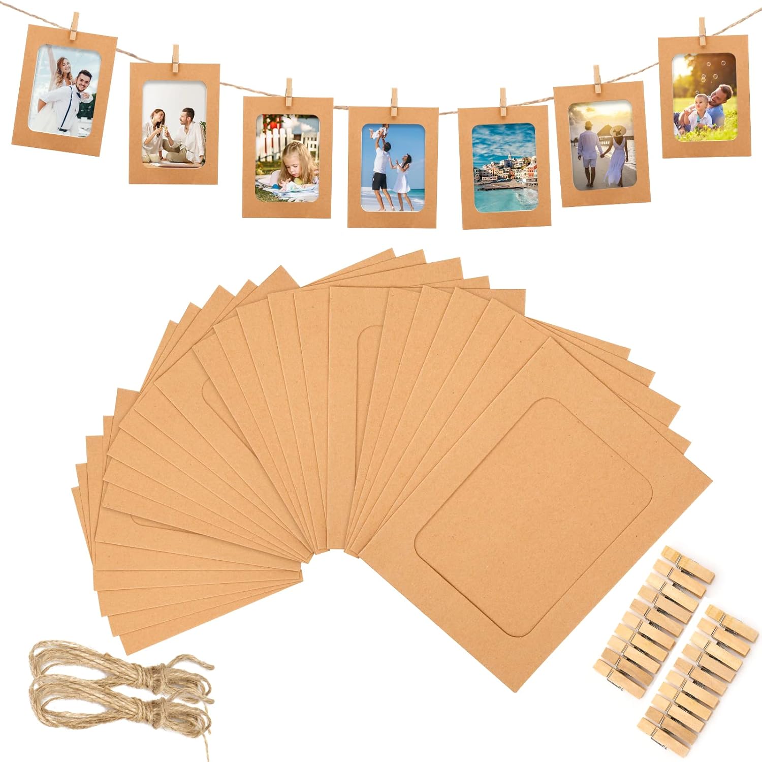 30Pcs Brown Paper Picture Frames, 4x6 inch Cardboard Photo Frames with Wooden Clips and String, DIY Picture Frames for Kids Artwork, Bedroom, Classroom Wall Decor Hanging Photo Display - Image 1