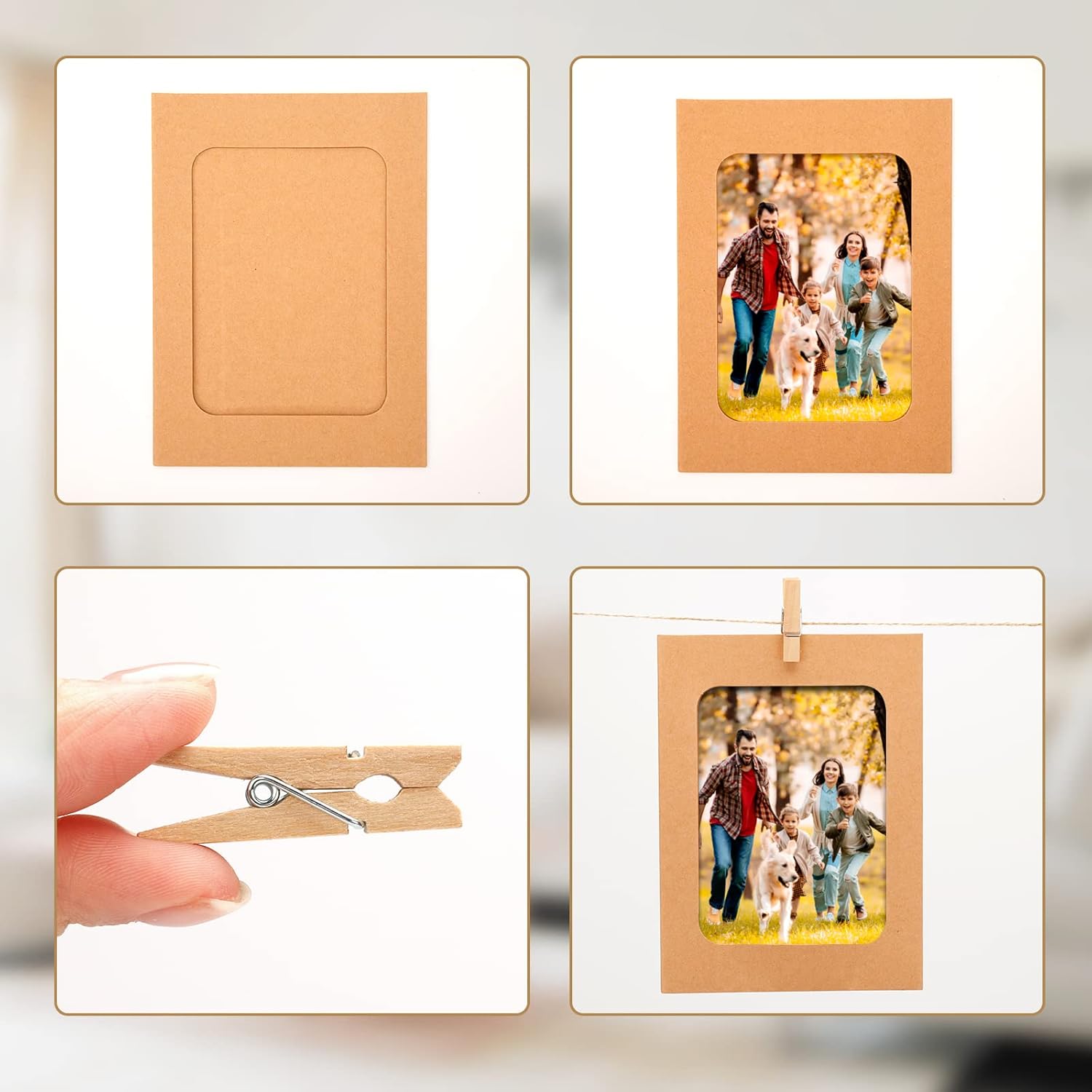 30Pcs Brown Paper Picture Frames, 4x6 inch Cardboard Photo Frames with Wooden Clips and String, DIY Picture Frames for Kids Artwork, Bedroom, Classroom Wall Decor Hanging Photo Display - Image 4