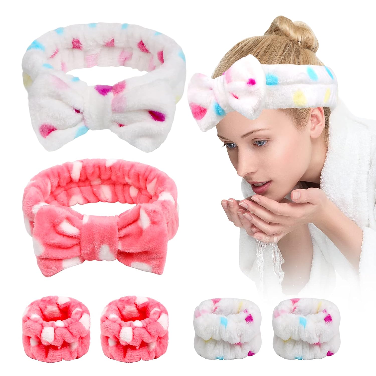 6 Pcs Face Wash Headband Wristband Set,Spa Headband Makeup Skincare Headbands Wrist Bands Scrunchies Bracelets for Washing Face (Pink white,Love) - Image 1