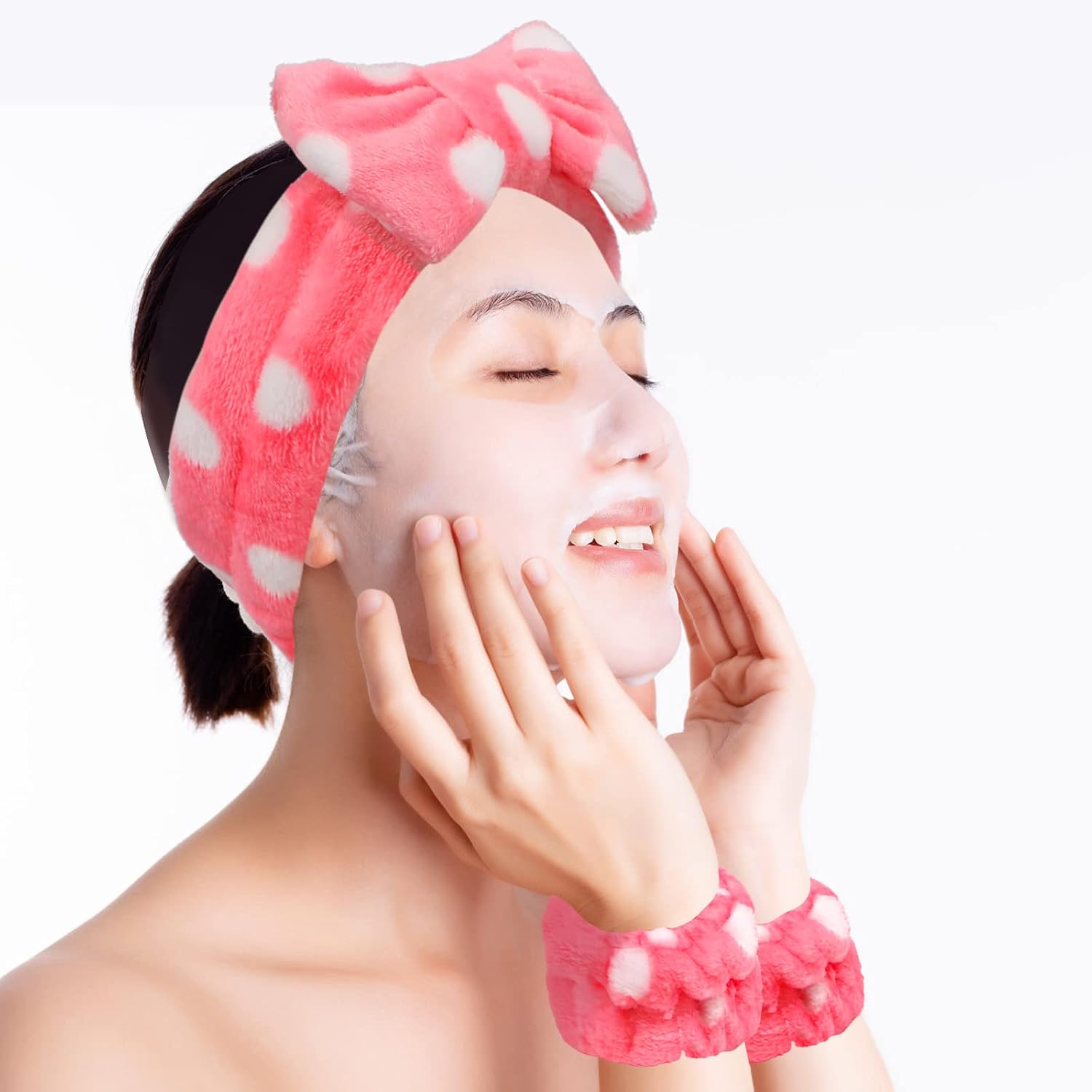6 Pcs Face Wash Headband Wristband Set,Spa Headband Makeup Skincare Headbands Wrist Bands Scrunchies Bracelets for Washing Face (Pink white,Love) - Image 5