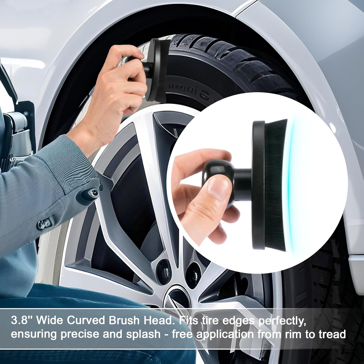Tire Shine Brush - Curved Brush Head & Large 3.8'' Tire Dressing Applicator with Storage Stand for Automotive Detailing, Car Enthusiasts, DIY Users (Vegan, Washable, Black) - Image 7