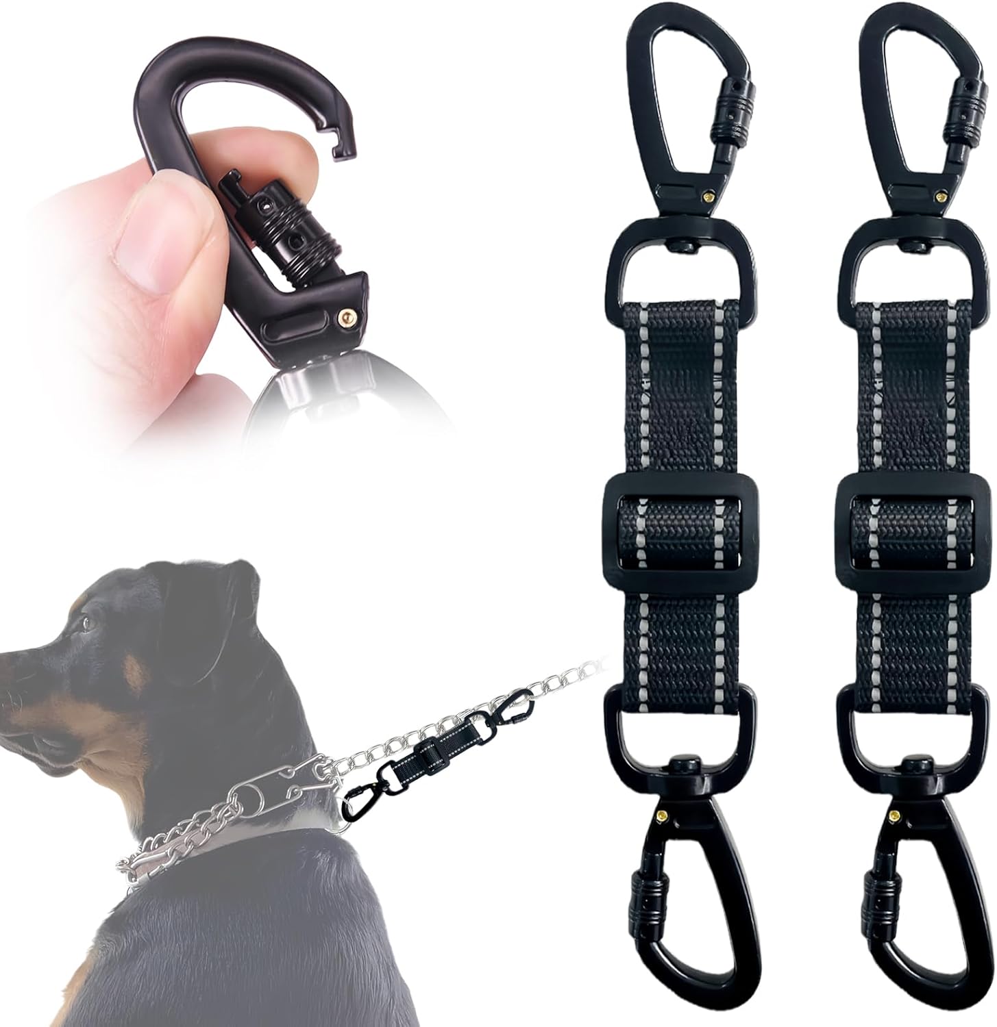 2 Pack Dog Safety Collar Clips Adjustable Collar Backup Clip Connector Reflective Double Ended Clasp Leash Pet Harness Connector for Running and Hiking Training Helps Reduce Neck Strain - Image 1
