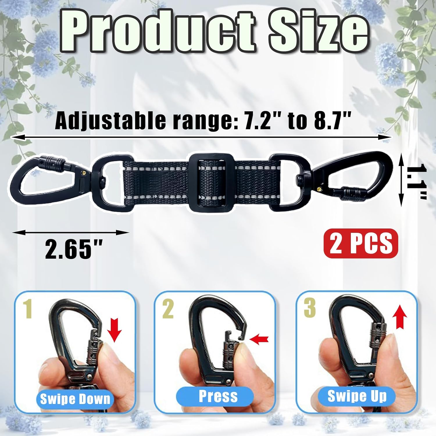 2 Pack Dog Safety Collar Clips Adjustable Collar Backup Clip Connector Reflective Double Ended Clasp Leash Pet Harness Connector for Running and Hiking Training Helps Reduce Neck Strain - Image 2