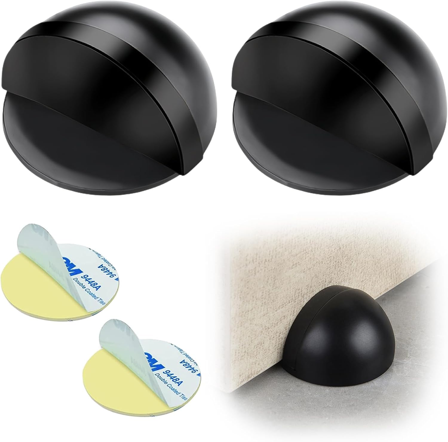 Drill-Free Floor Mounted Door Stoppers 3M Adhesive Self Adhesive Door Stoppers with Black Rubber Bumper Tips Floor Mount Half Dome Door Stopper for Office Bedroom Living Room Shower Room (Black-2Pcs) - Image 1