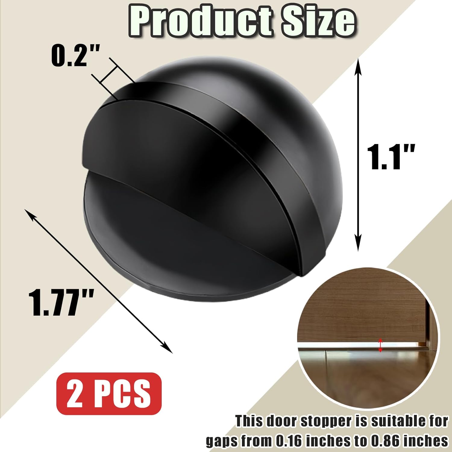 Drill-Free Floor Mounted Door Stoppers 3M Adhesive Self Adhesive Door Stoppers with Black Rubber Bumper Tips Floor Mount Half Dome Door Stopper for Office Bedroom Living Room Shower Room (Black-2Pcs) - Image 2