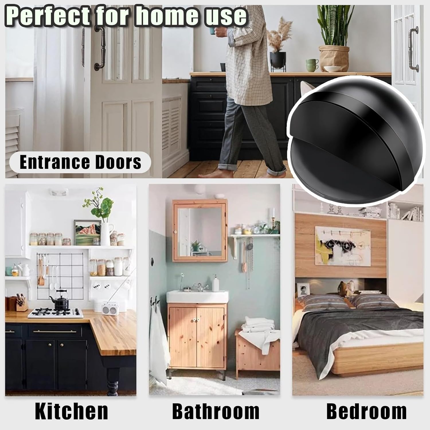 Drill-Free Floor Mounted Door Stoppers 3M Adhesive Self Adhesive Door Stoppers with Black Rubber Bumper Tips Floor Mount Half Dome Door Stopper for Office Bedroom Living Room Shower Room (Black-2Pcs) - Image 3