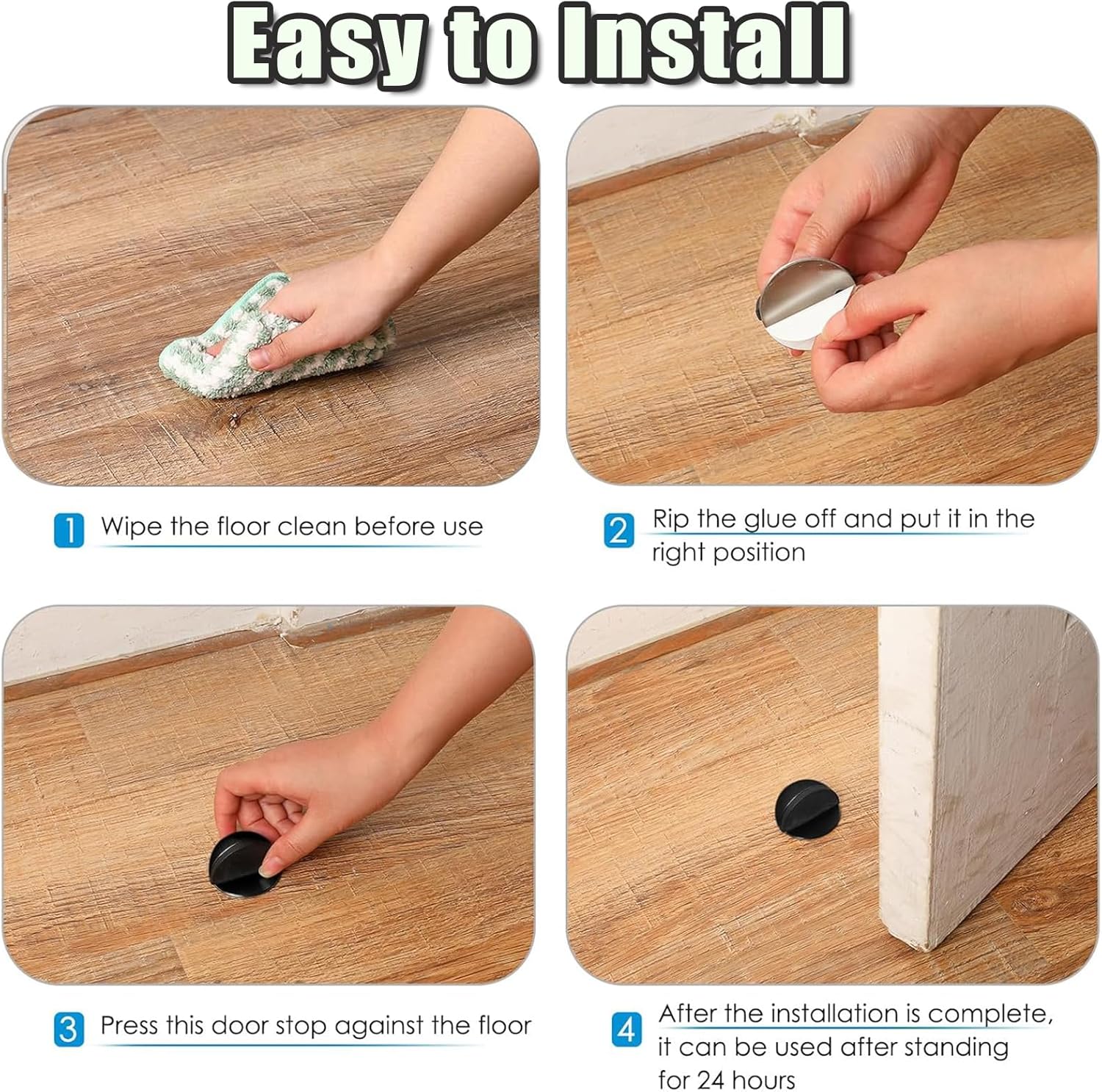Drill-Free Floor Mounted Door Stoppers 3M Adhesive Self Adhesive Door Stoppers with Black Rubber Bumper Tips Floor Mount Half Dome Door Stopper for Office Bedroom Living Room Shower Room (Black-2Pcs) - Image 4