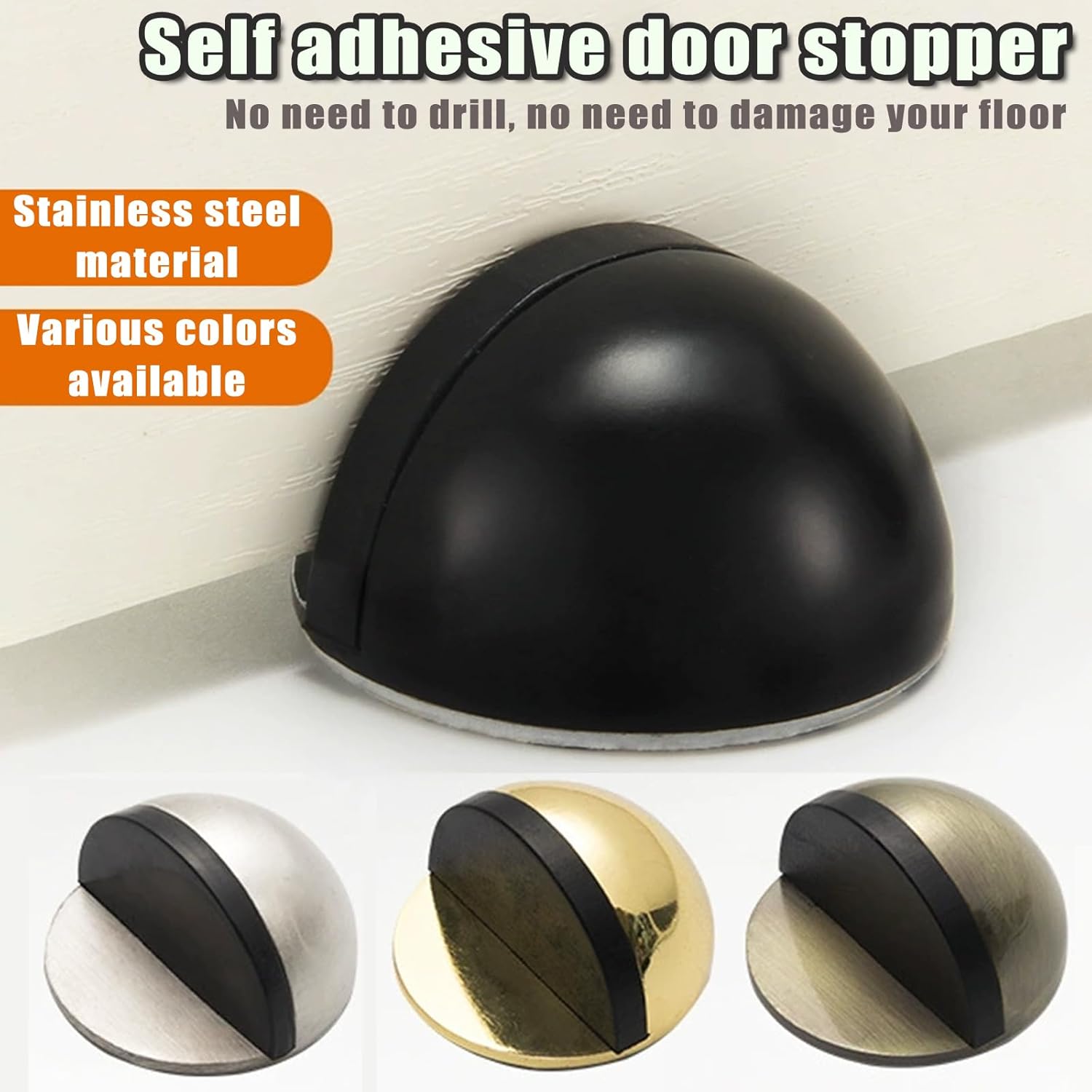 Drill-Free Floor Mounted Door Stoppers 3M Adhesive Self Adhesive Door Stoppers with Black Rubber Bumper Tips Floor Mount Half Dome Door Stopper for Office Bedroom Living Room Shower Room (Black-2Pcs) - Image 5