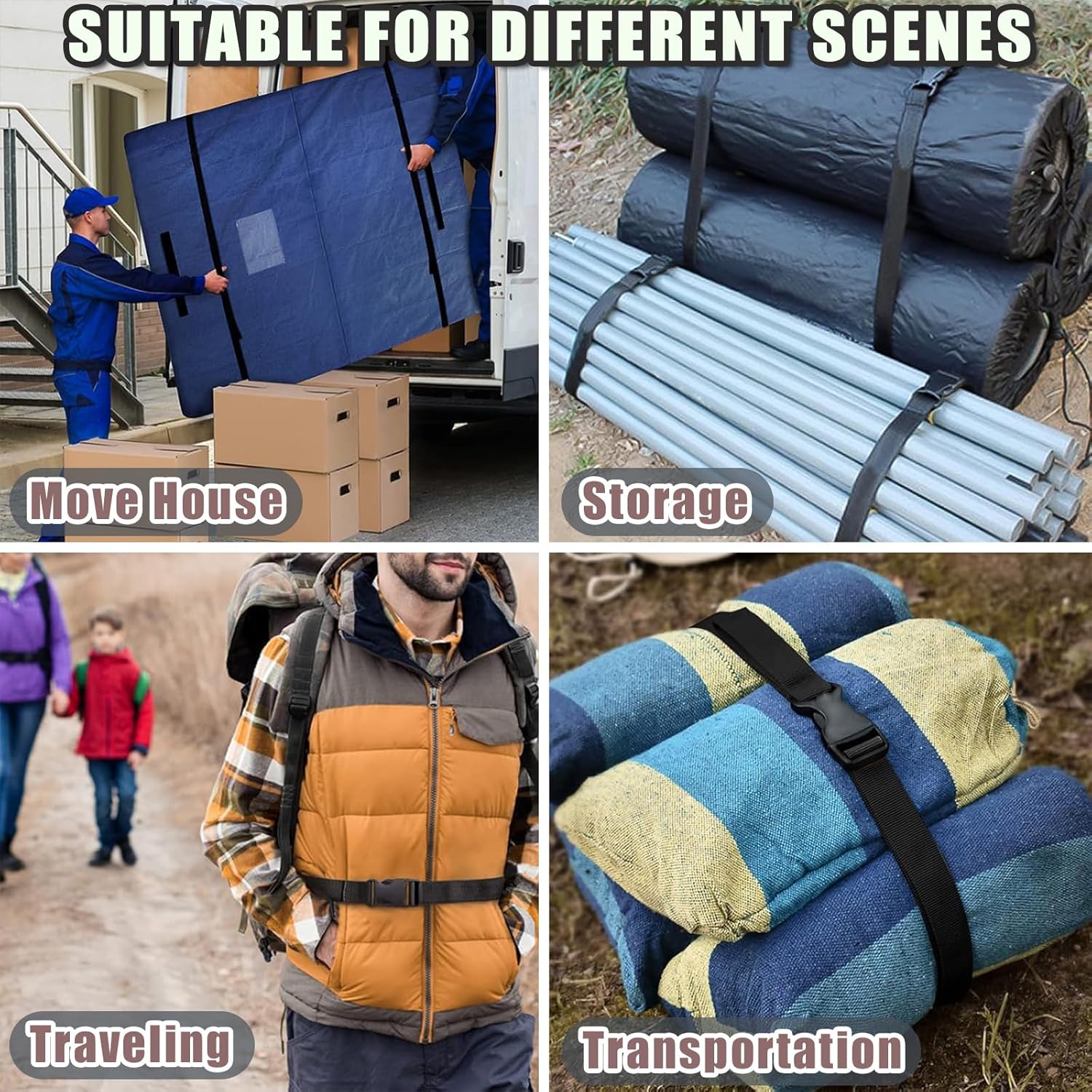 2 Pack Heavy Duty Adjustable Nylon Tie Down Straps with Quick-Release Buckles Yoga Mat Straps for Camping Gear Moving Luggage Mattress & Outdoor Equipment Multi-Purpose Securing Strap (Black-2Pcs) - Image 6