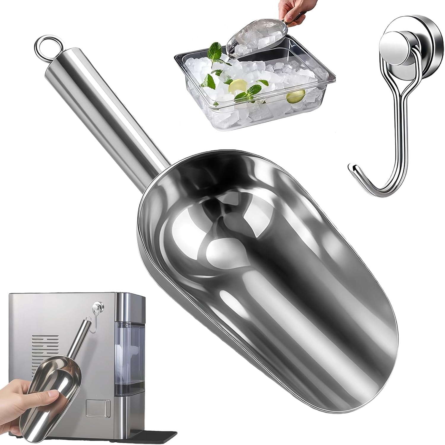 Ice Scoop for Freezer with Metal Hook Stainless Steel Ice Scooper for Ice Maker Metal Scooper for Kitchen Gadgets Cookie Flour Pet Dog Food Scoop Kitchen Bar Party Accessories (Silver-8oz) - Image 1