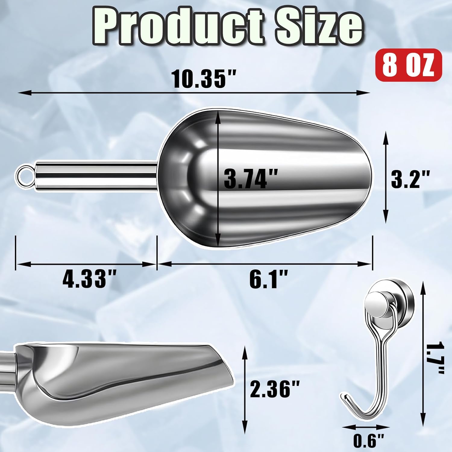 Ice Scoop for Freezer with Metal Hook Stainless Steel Ice Scooper for Ice Maker Metal Scooper for Kitchen Gadgets Cookie Flour Pet Dog Food Scoop Kitchen Bar Party Accessories (Silver-8oz) - Image 2