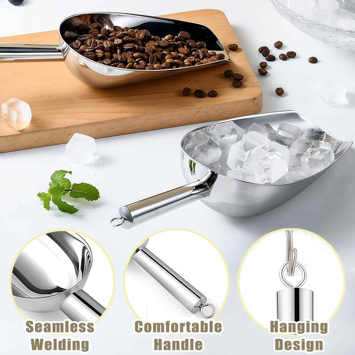Ice Scoop for Freezer with Metal Hook Stainless Steel Ice Scooper for Ice Maker Metal Scooper for Kitchen Gadgets Cookie Flour Pet Dog Food Scoop Kitchen Bar Party Accessories (Silver-8oz) - Image 3