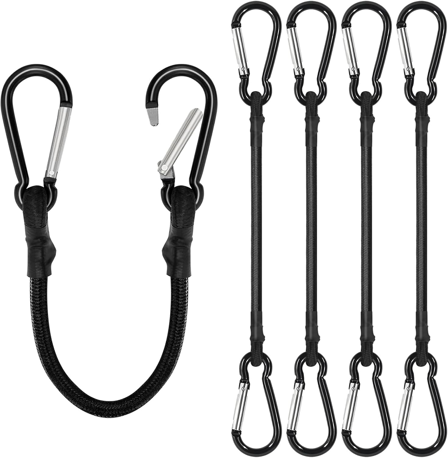 4 Pack Bungee Cords with Carabiner Outdoor Climbing Bounce Rope Elastic Tie Down Straps with Hooks Mini Short Bungee Straps Dual-Hook Design for Tents Cargo Kayak Boat Luggage (Black-12) - Image 1