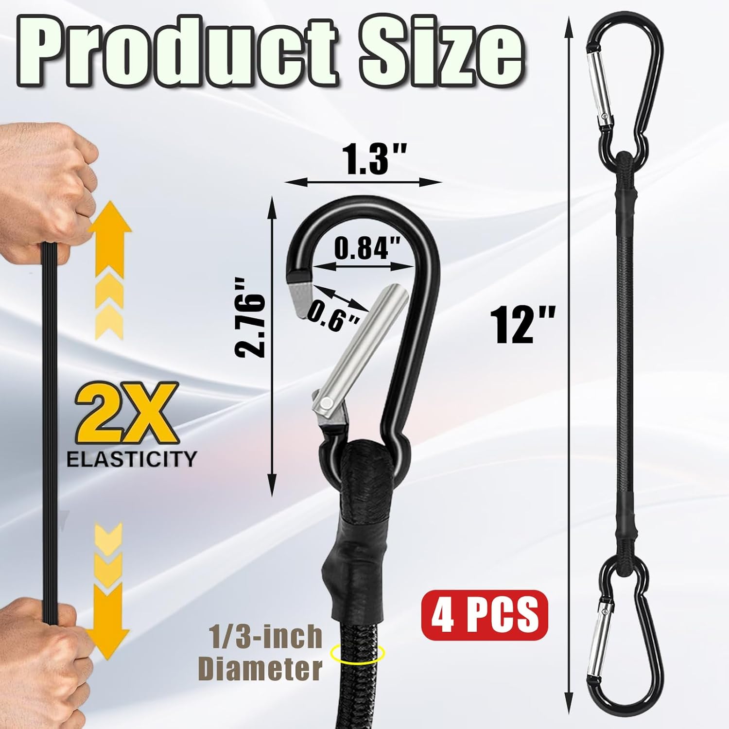 4 Pack Bungee Cords with Carabiner Outdoor Climbing Bounce Rope Elastic Tie Down Straps with Hooks Mini Short Bungee Straps Dual-Hook Design for Tents Cargo Kayak Boat Luggage (Black-12) - Image 2