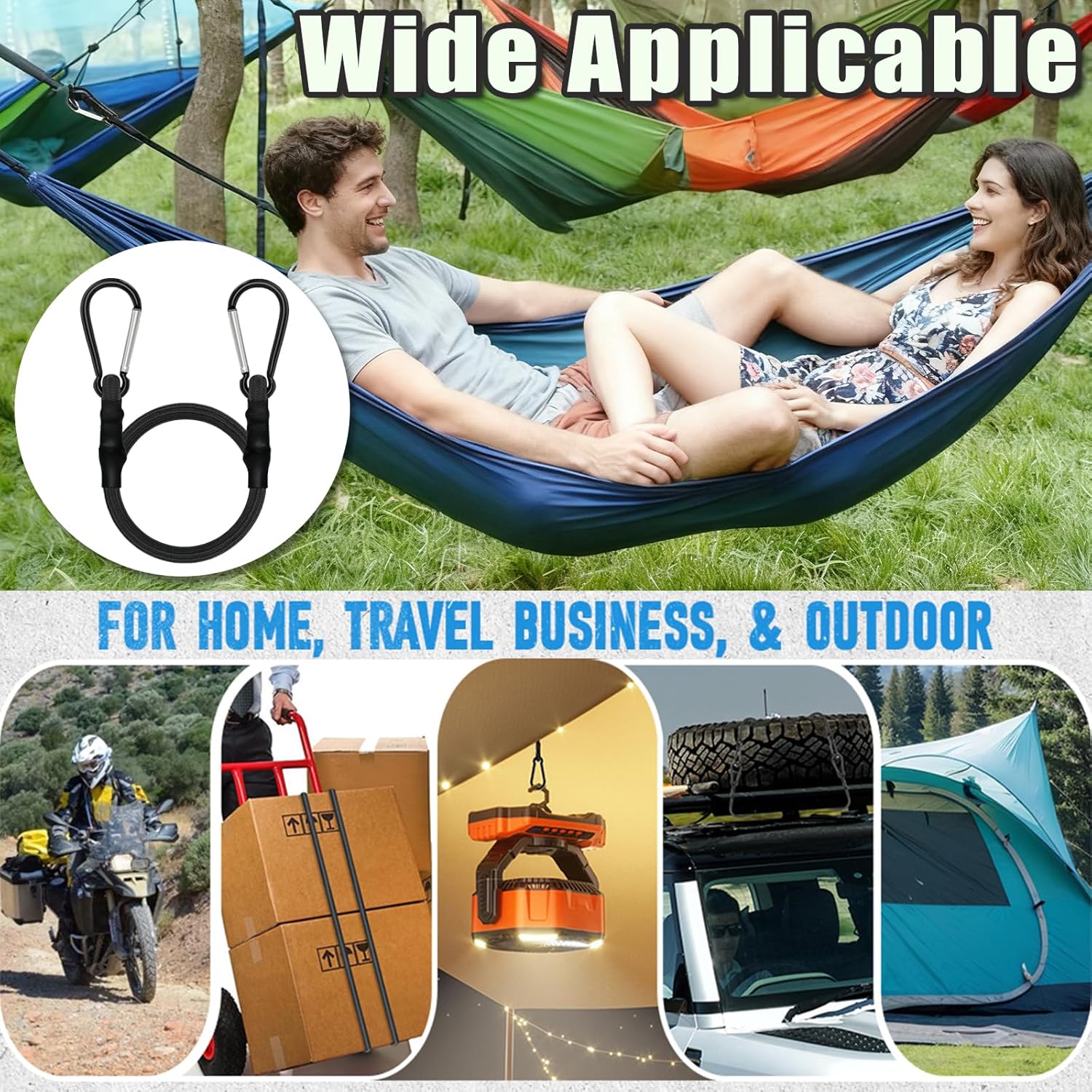 4 Pack Bungee Cords with Carabiner Outdoor Climbing Bounce Rope Elastic Tie Down Straps with Hooks Mini Short Bungee Straps Dual-Hook Design for Tents Cargo Kayak Boat Luggage (Black-12) - Image 6