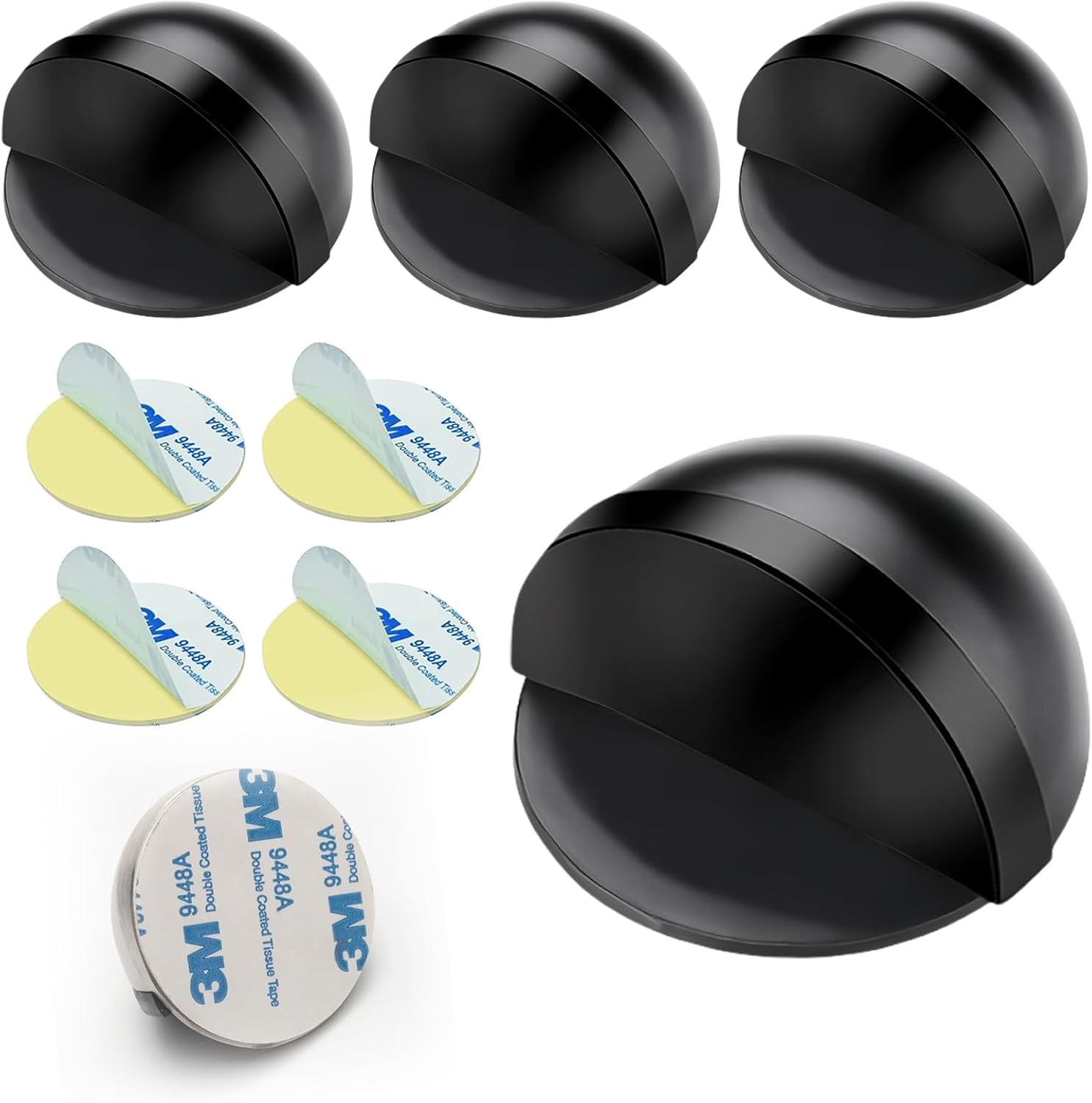 Drill-Free Floor Mounted Door Stoppers 3M Adhesive Self Adhesive Door Stoppers with Black Rubber Bumper Tips Floor Mount Half Dome Door Stopper for Office Bedroom Living Room Shower Room (Black-4Pcs) - Image 1