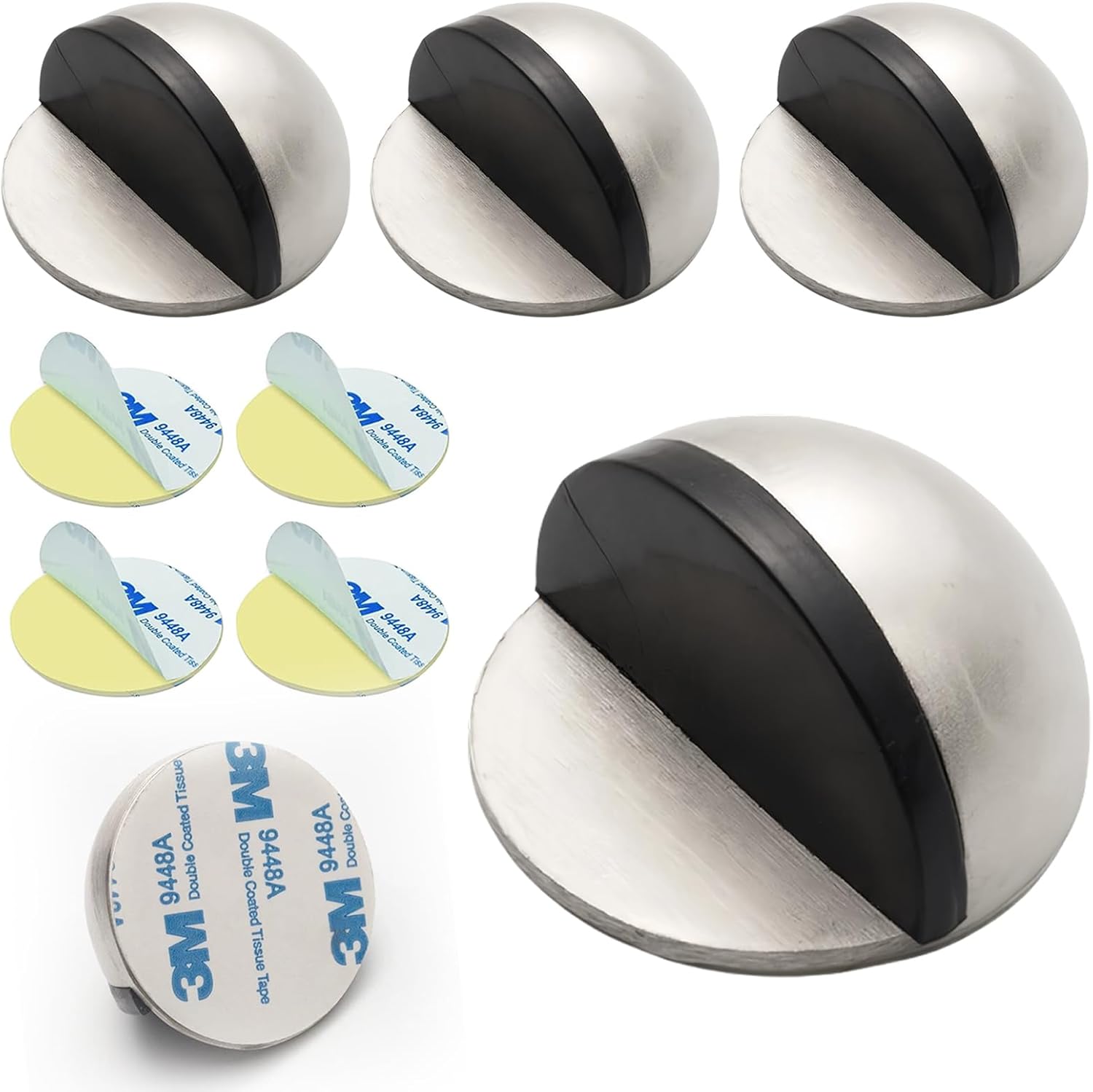 Drill-Free Floor Mounted Door Stoppers 3M Adhesive Self Adhesive Door Stoppers with Black Rubber Bumper Tips Floor Mount Half Dome Door Stopper for Office Bedroom Living Room Shower Room (Silver-4Pcs) - Image 1