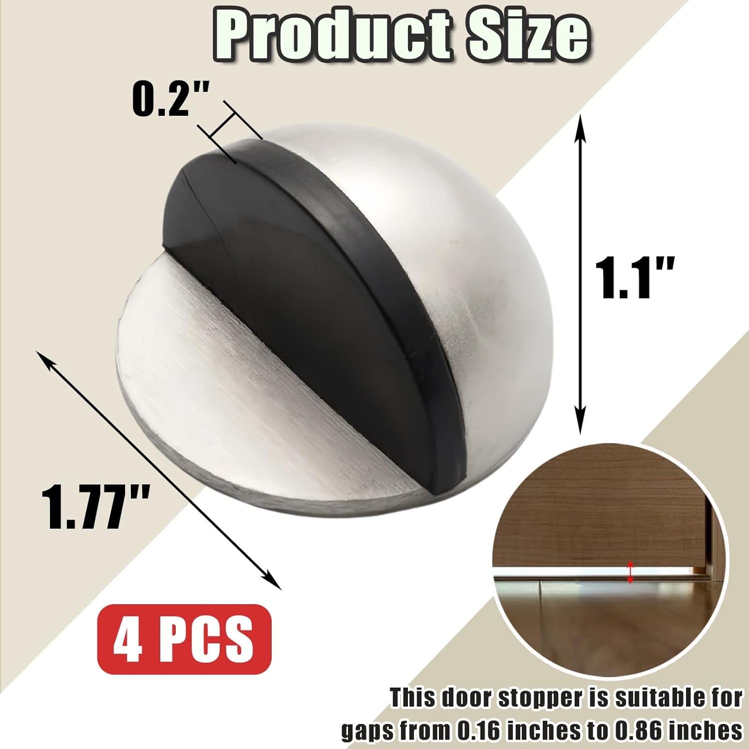 Drill-Free Floor Mounted Door Stoppers 3M Adhesive Self Adhesive Door Stoppers with Black Rubber Bumper Tips Floor Mount Half Dome Door Stopper for Office Bedroom Living Room Shower Room (Silver-4Pcs) - Image 2