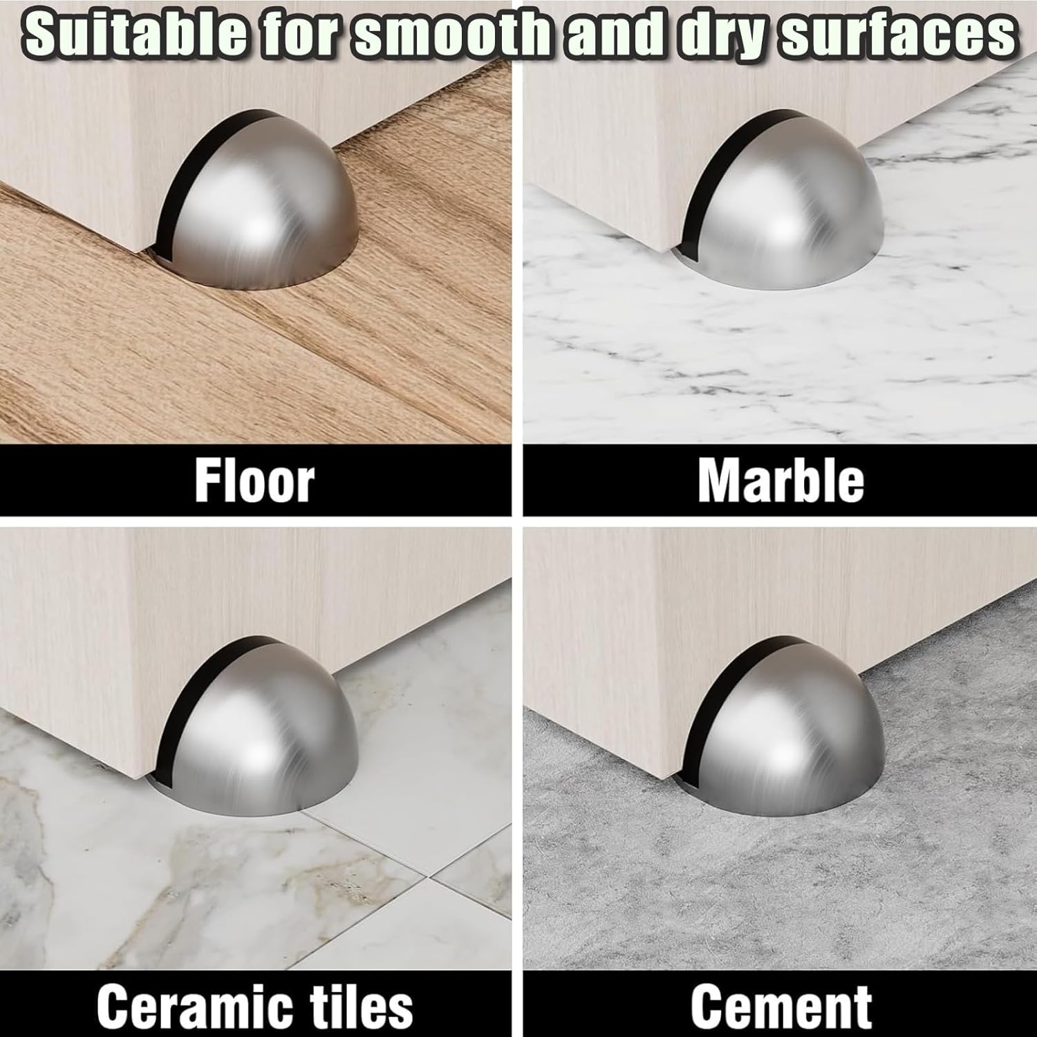 Drill-Free Floor Mounted Door Stoppers 3M Adhesive Self Adhesive Door Stoppers with Black Rubber Bumper Tips Floor Mount Half Dome Door Stopper for Office Bedroom Living Room Shower Room (Silver-4Pcs) - Image 3