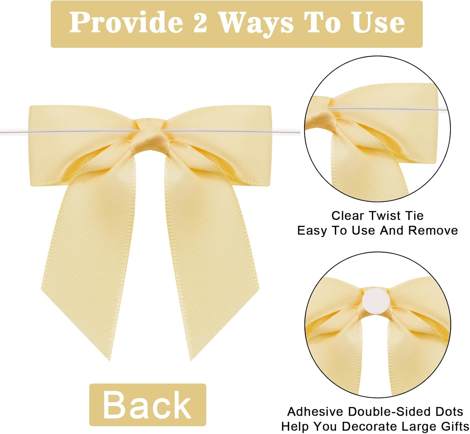 50Pcs Twist Tie Bows,3.5'' Champagne Gold Satin Ribbon Bows,Wedding Favor Ribbon Bows,Pre-Tied Champagne Gold Gift Bows for Gift Wrapping Treat Bag Present Craft Birthday Party Bridal Shower - Image 3