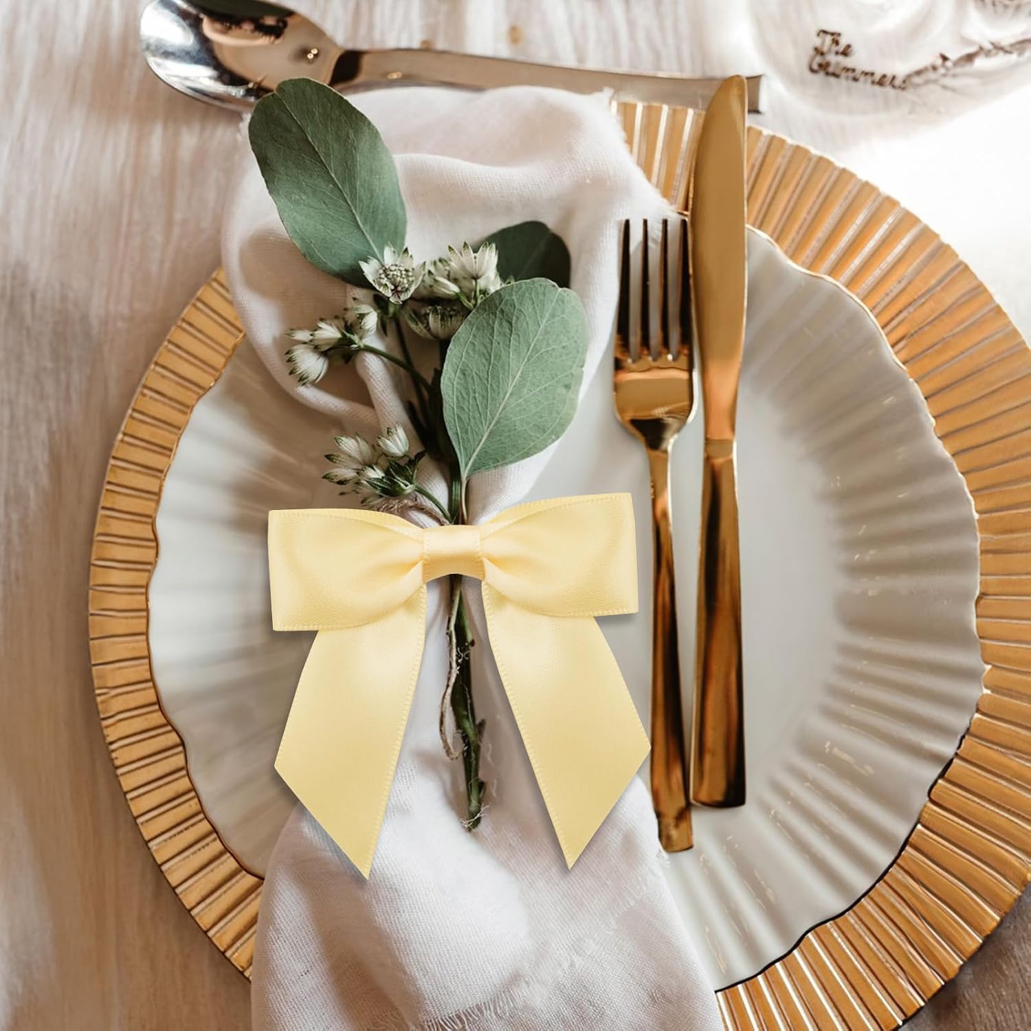 50Pcs Twist Tie Bows,3.5'' Champagne Gold Satin Ribbon Bows,Wedding Favor Ribbon Bows,Pre-Tied Champagne Gold Gift Bows for Gift Wrapping Treat Bag Present Craft Birthday Party Bridal Shower - Image 7