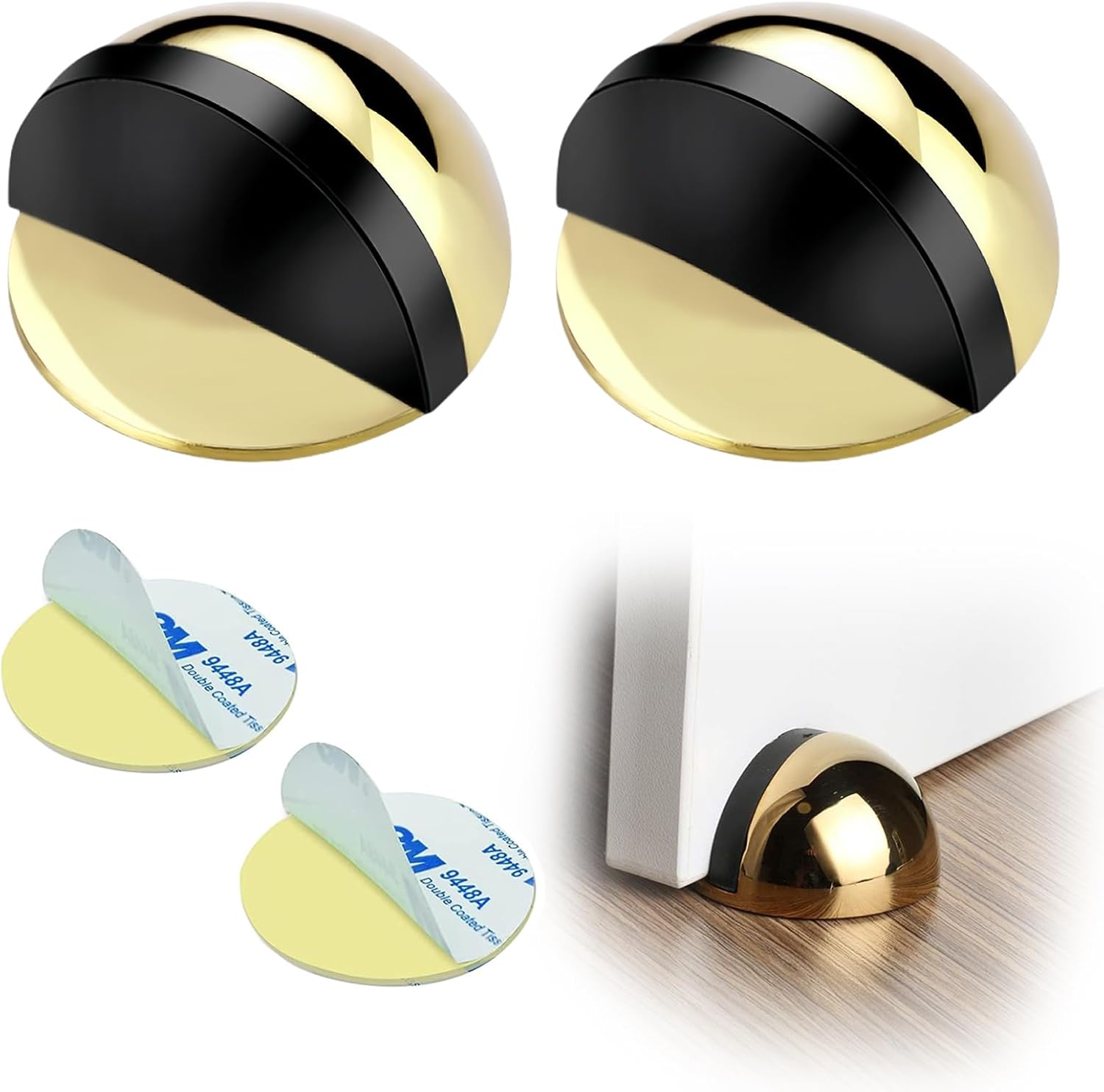 Drill-Free Floor Mounted Door Stoppers 3M Adhesive Self Adhesive Door Stoppers with Black Rubber Bumper Tips Floor Mount Half Dome Door Stopper for Office Bedroom Living Room Shower Room (Gold-2Pcs) - Image 1