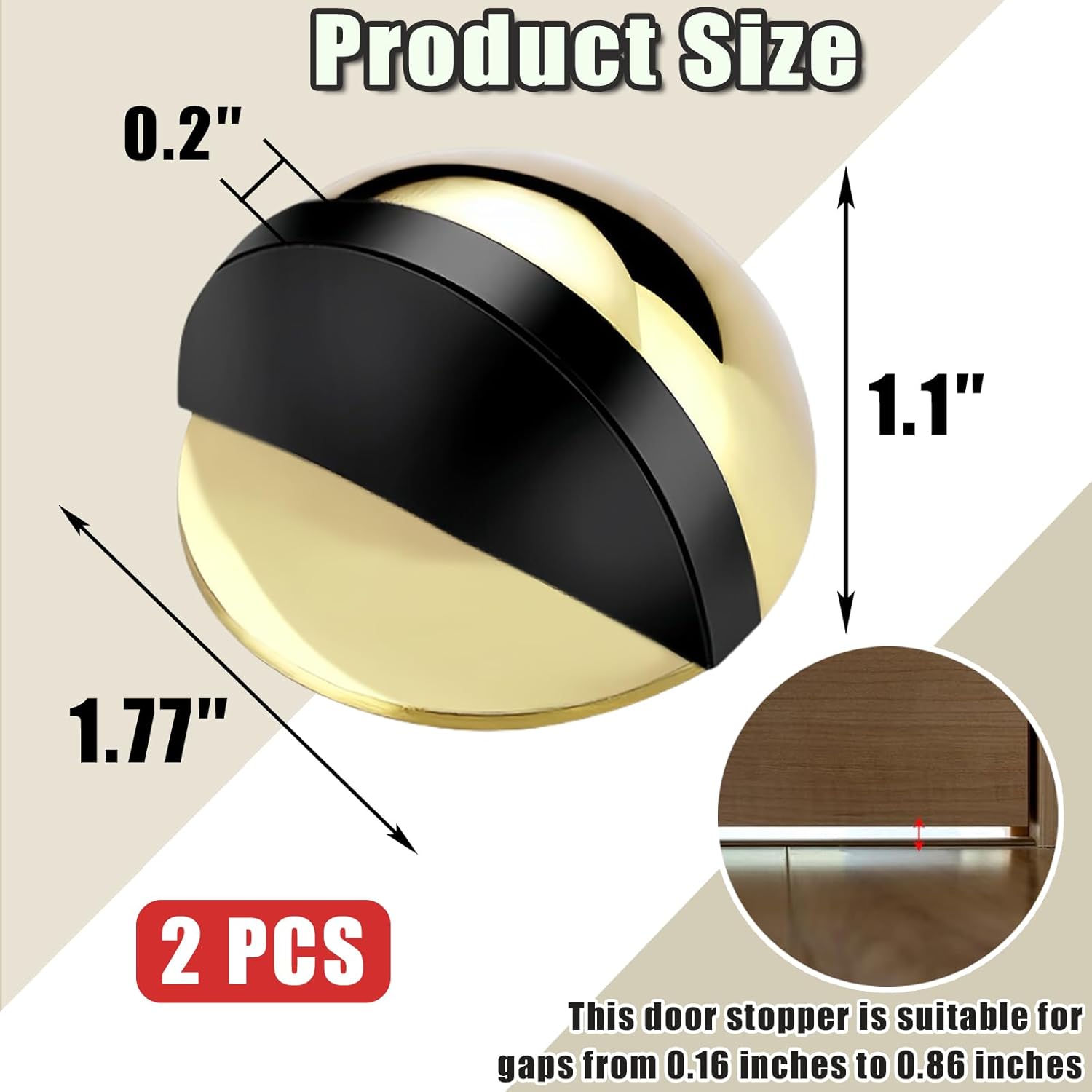 Drill-Free Floor Mounted Door Stoppers 3M Adhesive Self Adhesive Door Stoppers with Black Rubber Bumper Tips Floor Mount Half Dome Door Stopper for Office Bedroom Living Room Shower Room (Gold-2Pcs) - Image 2