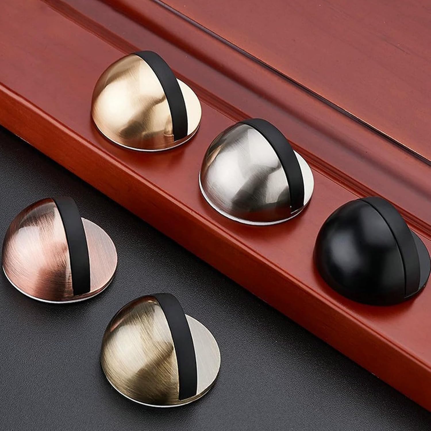 Drill-Free Floor Mounted Door Stoppers 3M Adhesive Self Adhesive Door Stoppers with Black Rubber Bumper Tips Floor Mount Half Dome Door Stopper for Office Bedroom Living Room Shower Room (Gold-2Pcs) - Image 7