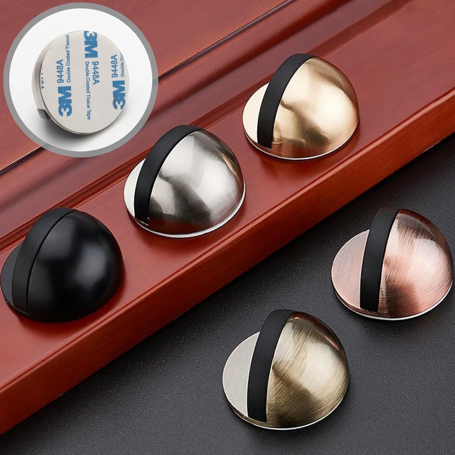 Drill-Free Floor Mounted Door Stoppers 3M Adhesive Self Adhesive Door Stoppers with Black Rubber Bumper Tips Floor Mount Half Dome Door Stopper for Office Bedroom Living Room Shower Room (Bronze-4Pcs) - Image 7