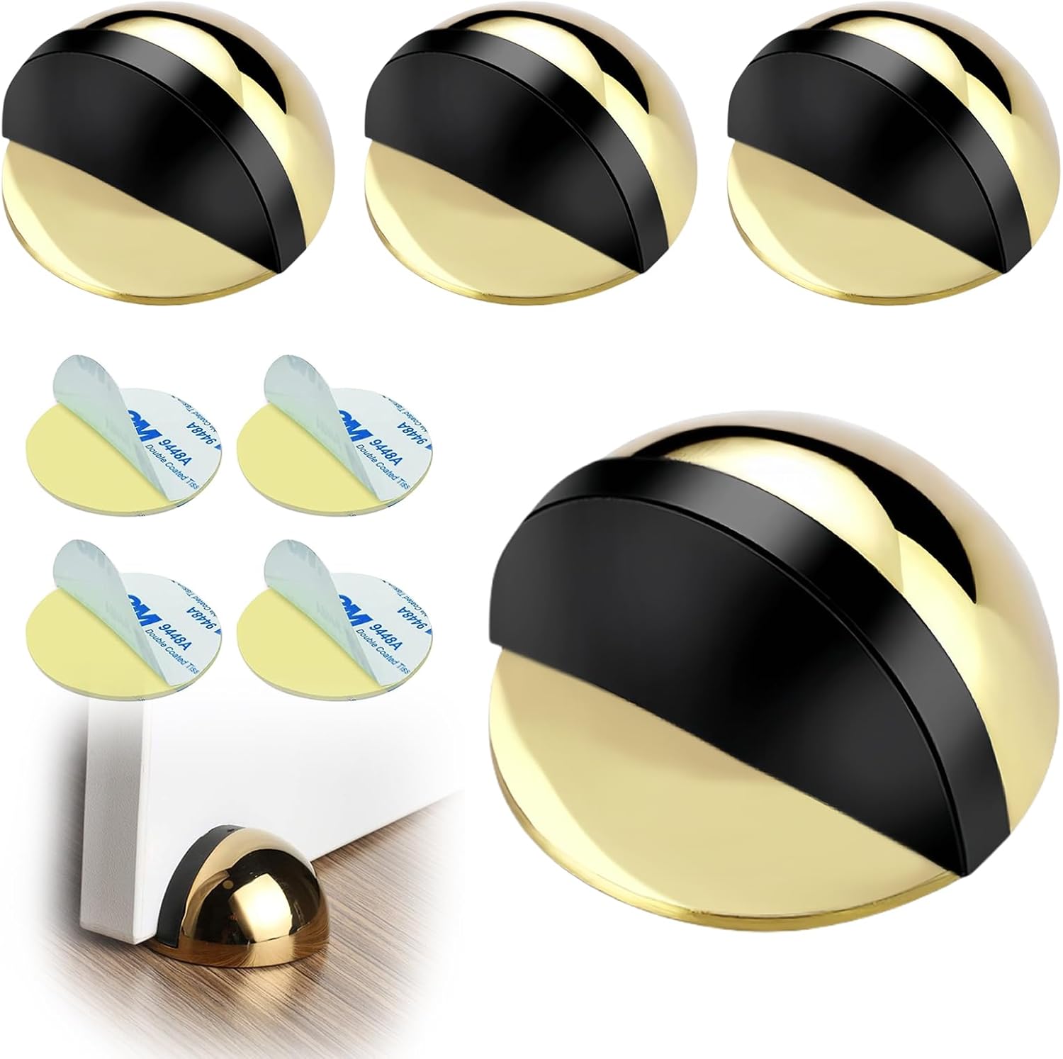 Drill-Free Floor Mounted Door Stoppers 3M Adhesive Self Adhesive Door Stoppers with Black Rubber Bumper Tips Floor Mount Half Dome Door Stopper for Office Bedroom Living Room Shower Room (Gold-4Pcs) - Image 1