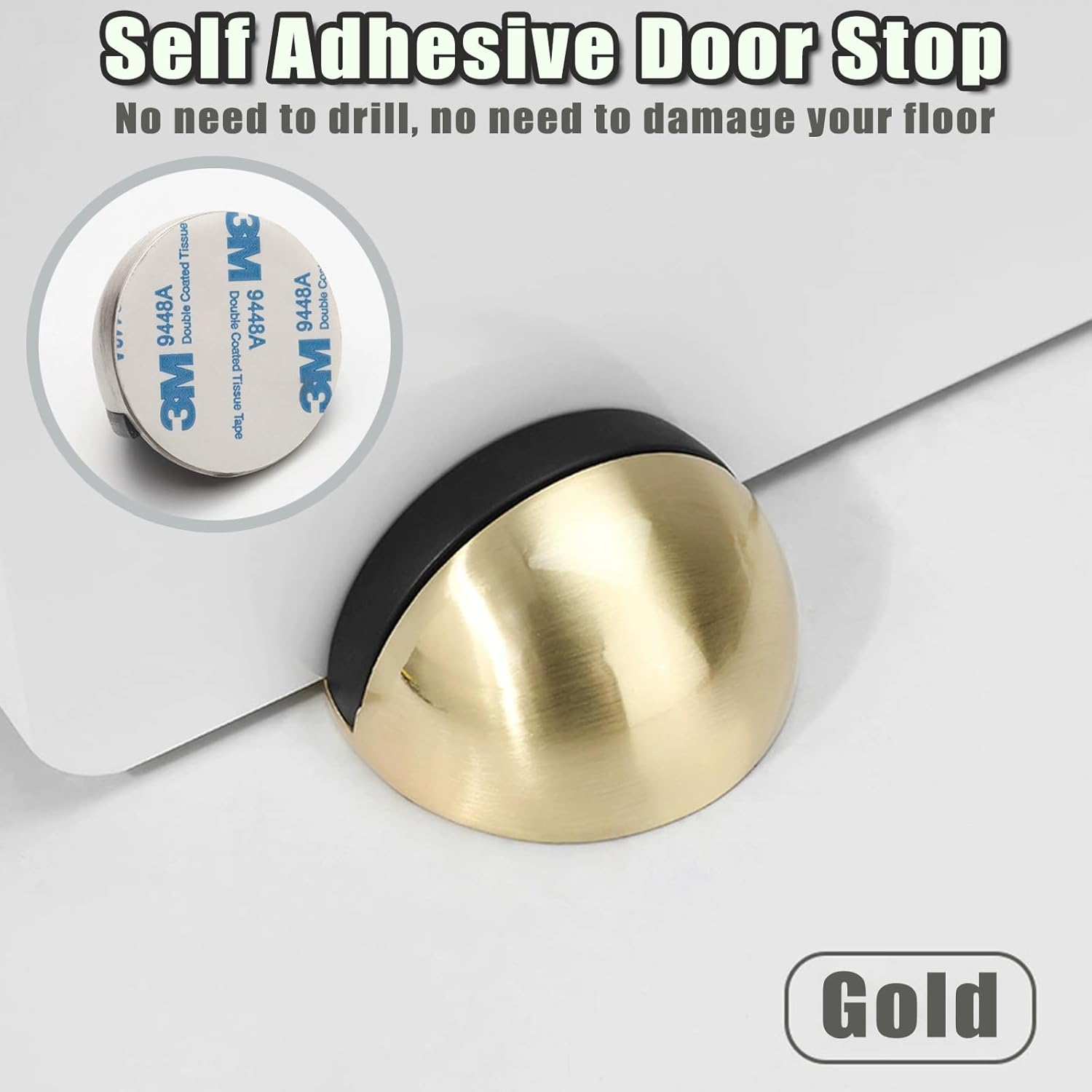 Drill-Free Floor Mounted Door Stoppers 3M Adhesive Self Adhesive Door Stoppers with Black Rubber Bumper Tips Floor Mount Half Dome Door Stopper for Office Bedroom Living Room Shower Room (Gold-4Pcs) - Image 3