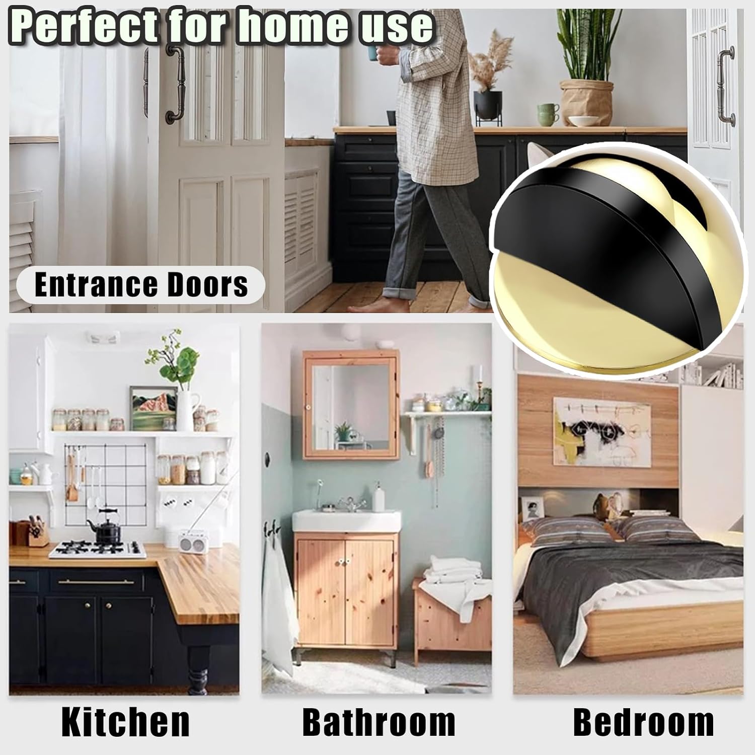 Drill-Free Floor Mounted Door Stoppers 3M Adhesive Self Adhesive Door Stoppers with Black Rubber Bumper Tips Floor Mount Half Dome Door Stopper for Office Bedroom Living Room Shower Room (Gold-4Pcs) - Image 4