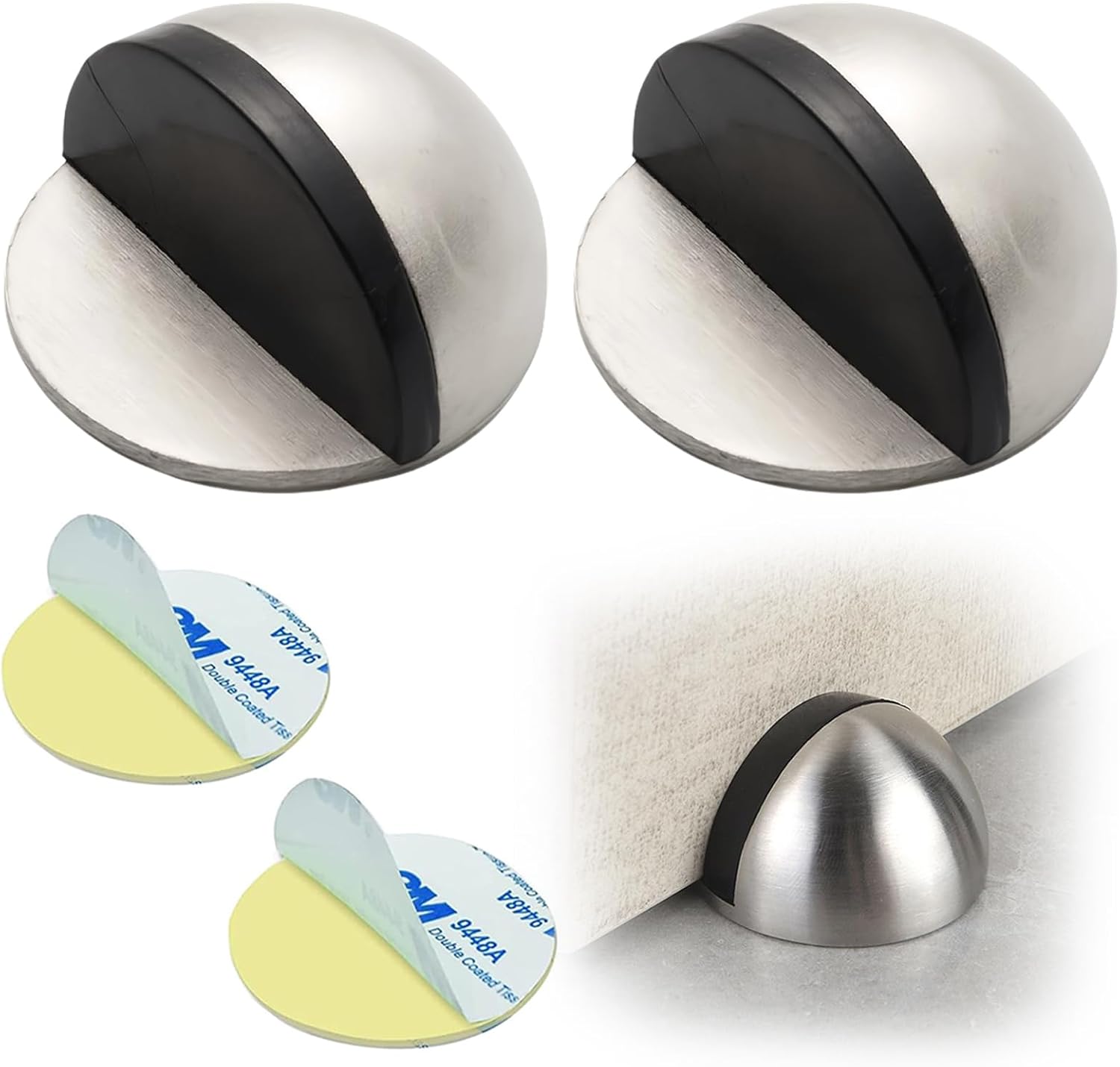Drill-Free Floor Mounted Door Stoppers 3M Adhesive Self Adhesive Door Stoppers with Black Rubber Bumper Tips Floor Mount Half Dome Door Stopper for Office Bedroom Living Room Shower Room (Silver-2Pcs) - Image 1