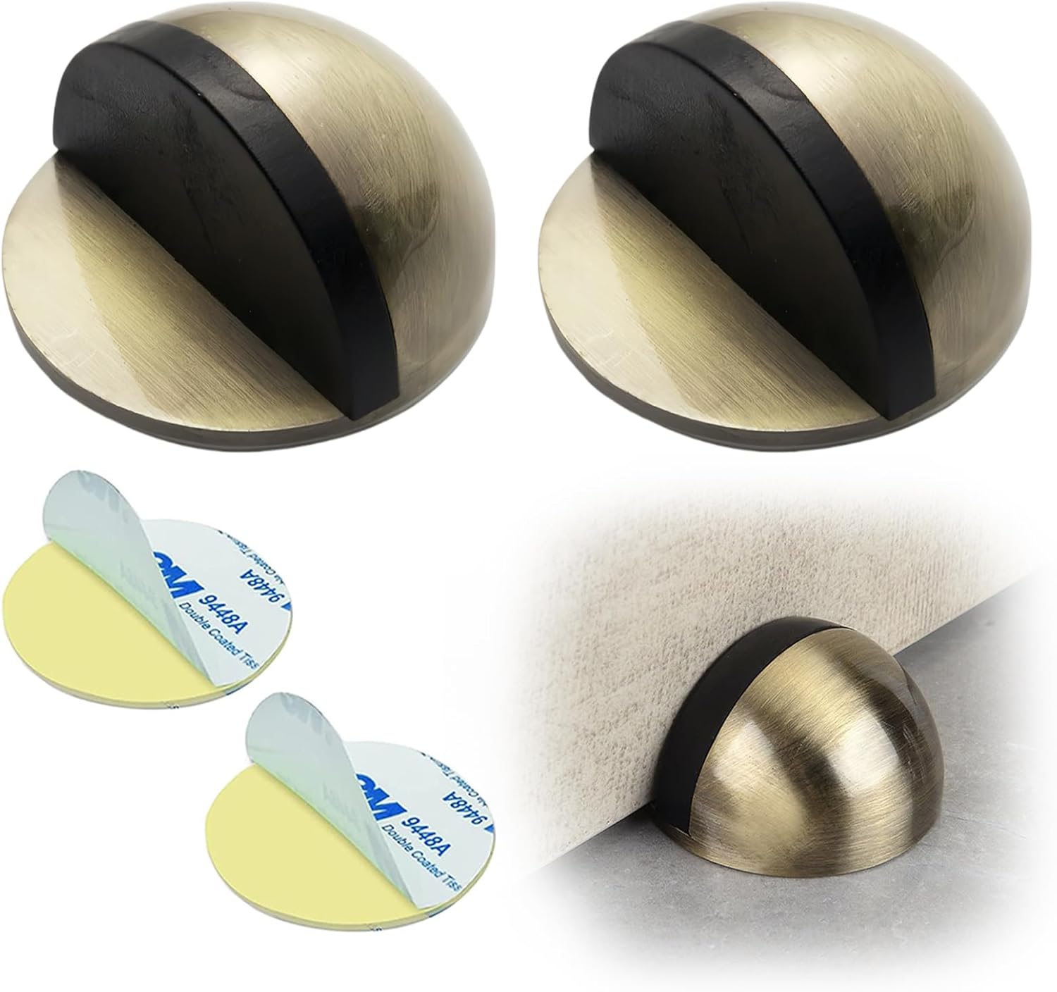 Drill-Free Floor Mounted Door Stoppers 3M Adhesive Self Adhesive Door Stoppers with Black Rubber Bumper Tips Floor Mount Half Dome Door Stopper for Office Bedroom Living Room Shower Room (Bronze-2Pcs) - Image 1
